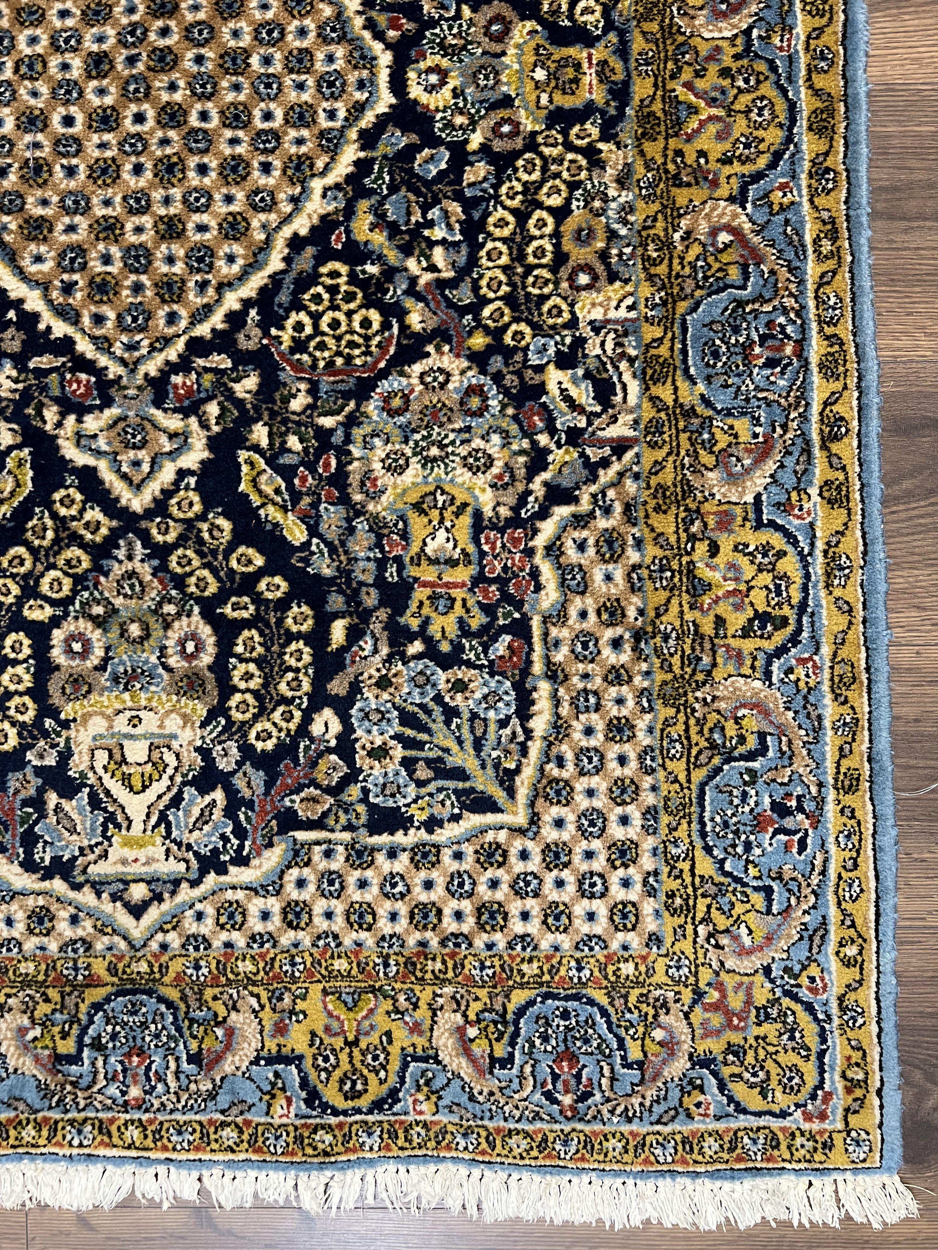 Fine Persian Qum Rug 3x5, Semi Antique Vintage Oriental Ghom Carpet, Floral Medallion, Highly Detailed, Hand Knotted, Navy Blue, Wool Area Rug, Birds
