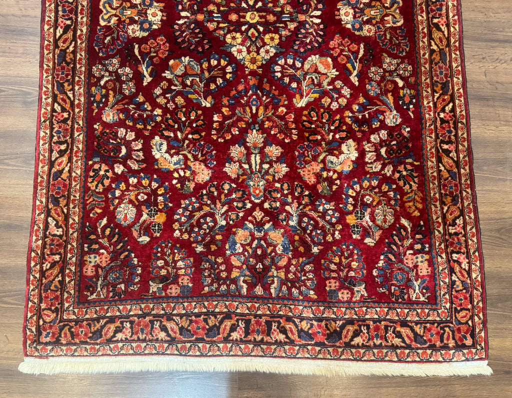 Antique Persian Sarouk Rug 4x6, Floral, Red, Wool Hand Knotted Fine 225 KPSI