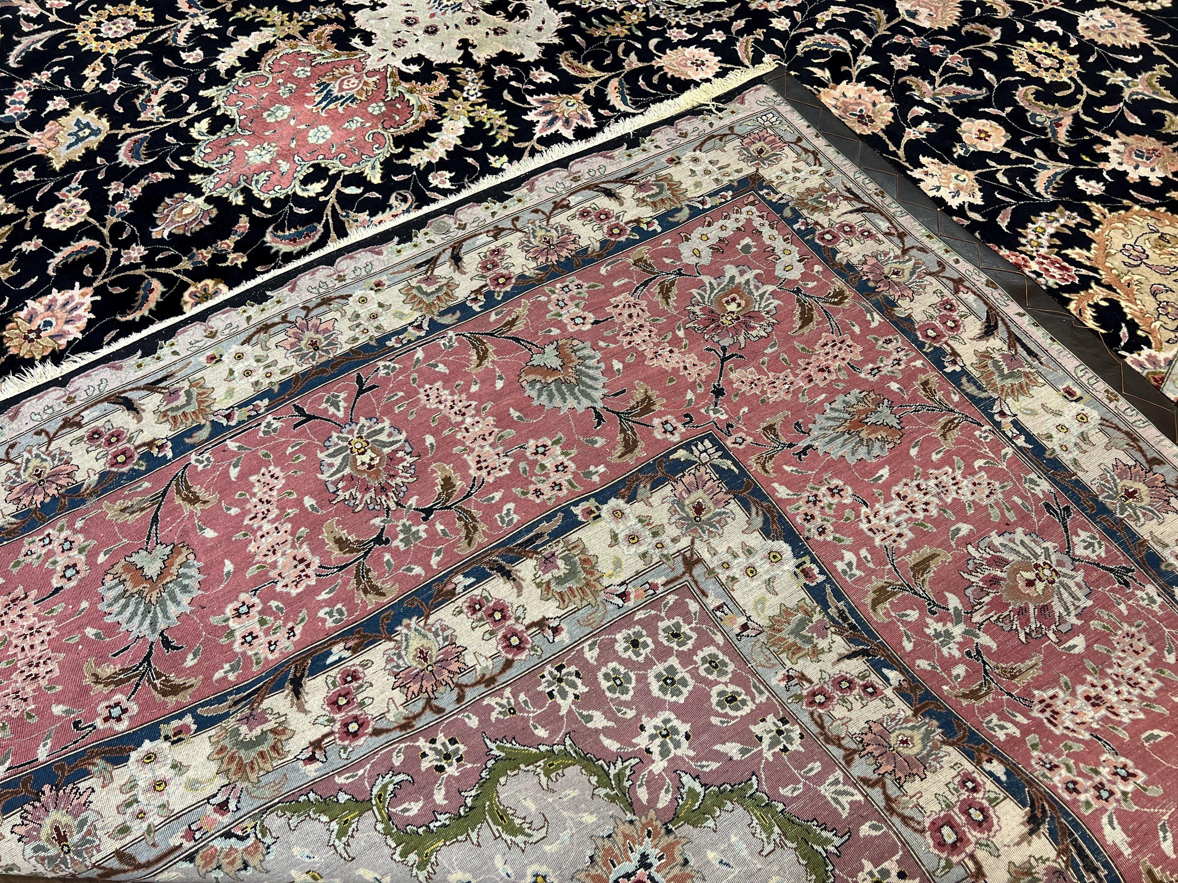 Magnificent Persian Tabriz Rug 11x16, Oversized Persian Carpet 11 x 16 ft, Wool on Silk Finely Hand Knotted, 450 KPSI, Floral Medallion, Black Pink