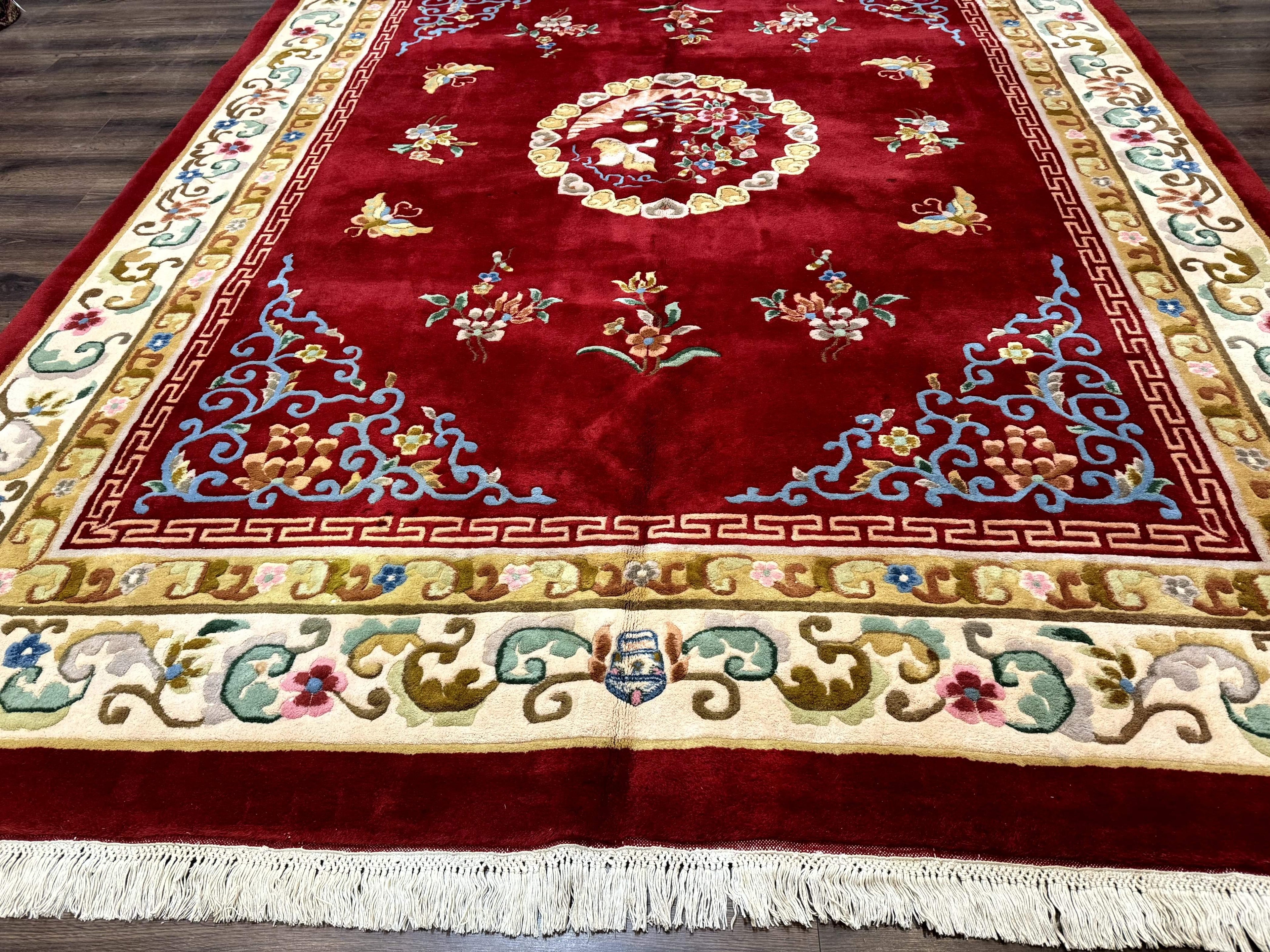Indo Chinese Wool Rug 9x12, Red Art Deco Carpet, Vintage