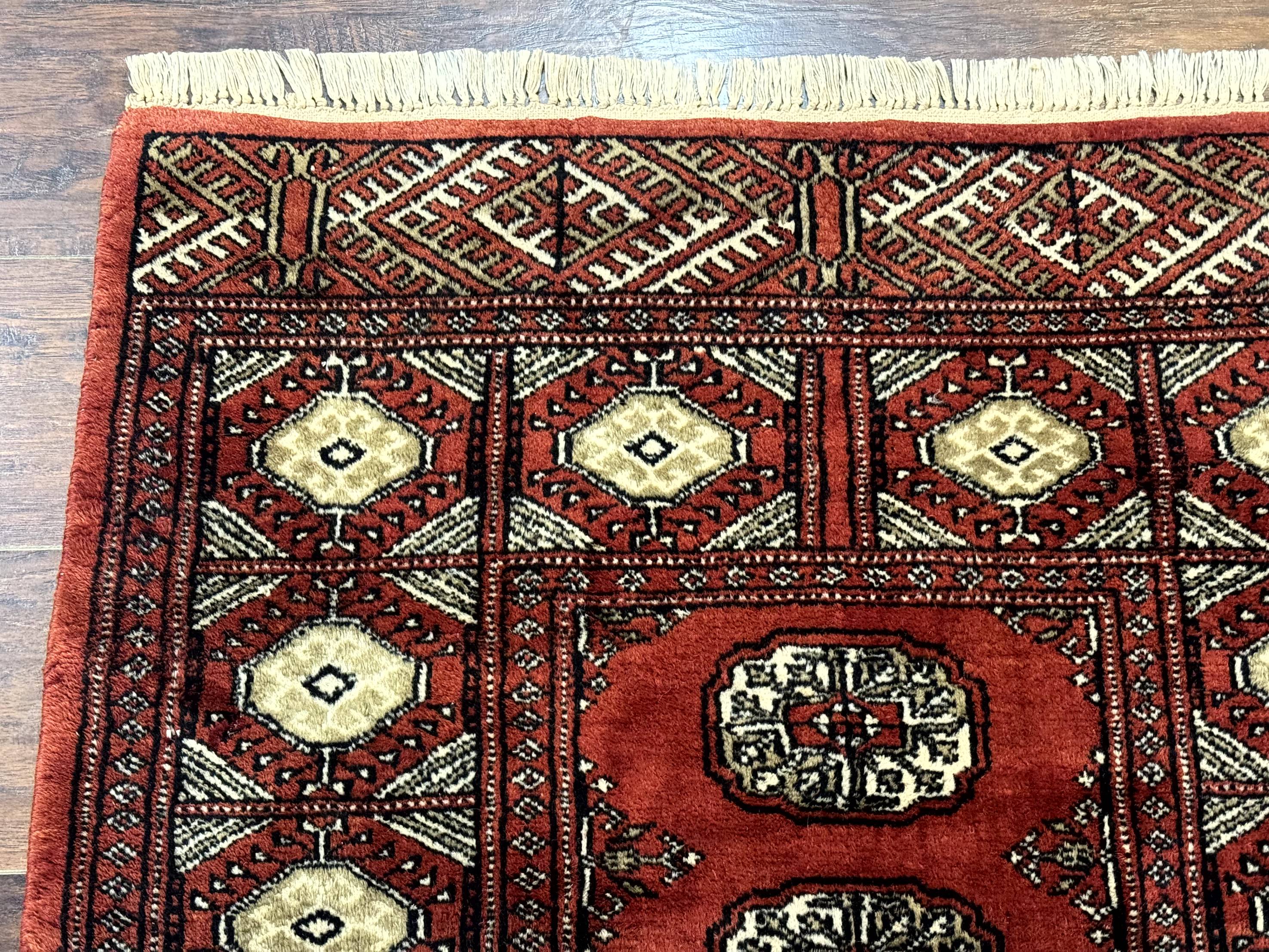 Red Pakistani Turkoman Rug 3x5, Bokhara Design, Vintage, Signed