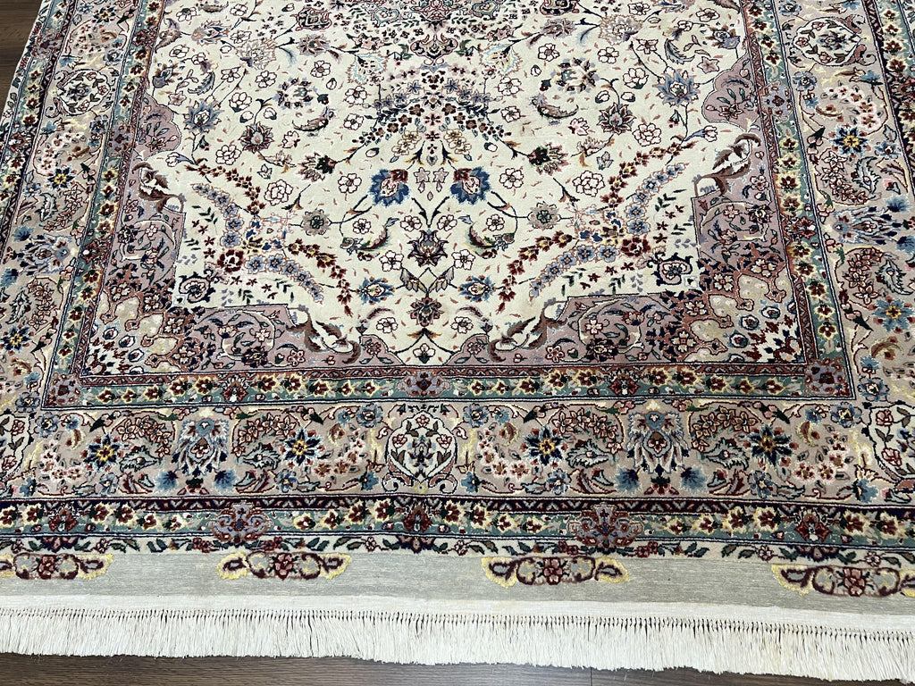 Beautiful Pak Persian Rug 6x9, Floral Medallion, Wool and Silk, Highly Detailed Elegant Carpet, Vintage Oriental Rug 6 x 9, Cream and Gray