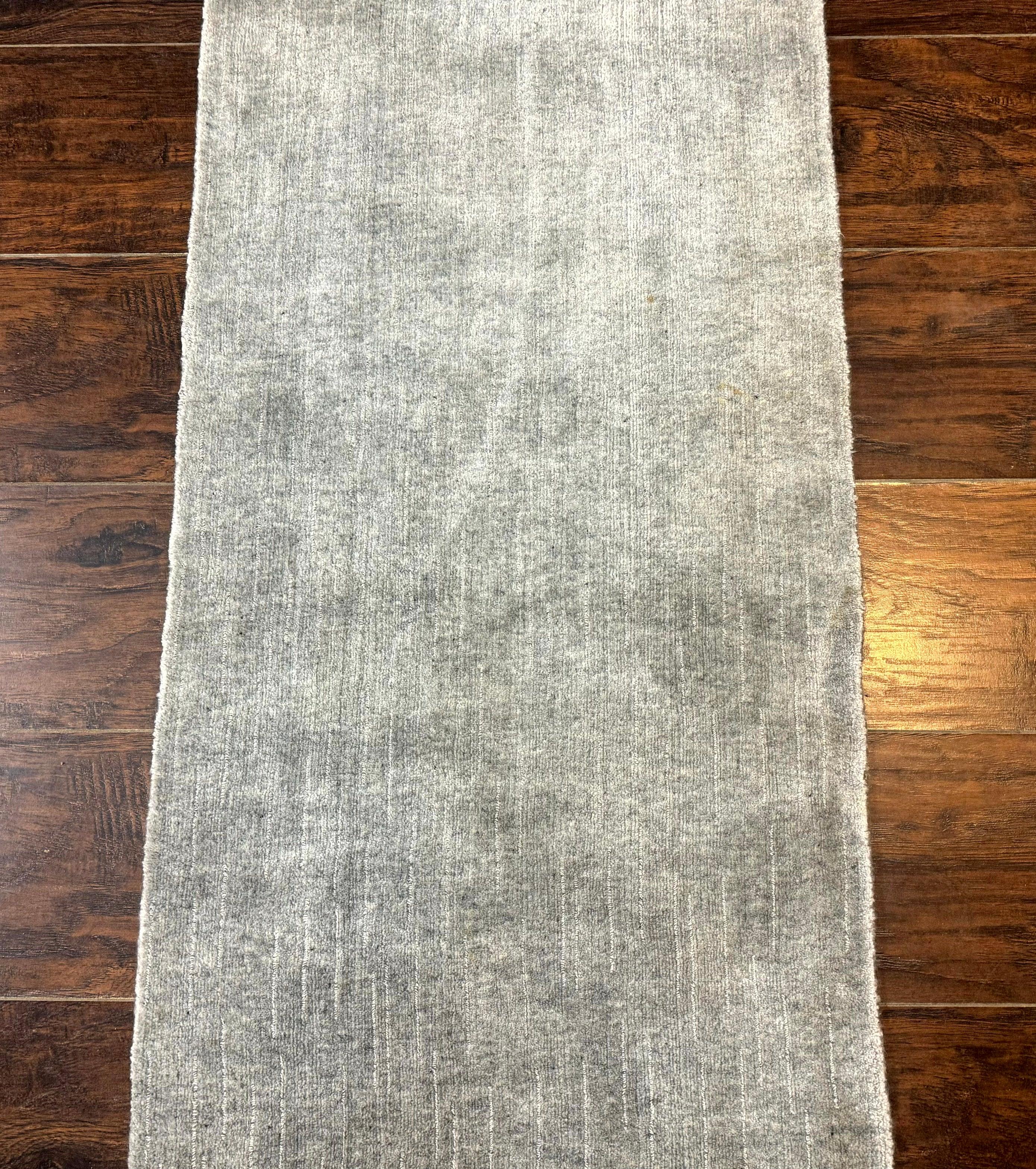 Modern Tibetan Runner Rug 1.9 x 8.6, Wool and Silk Highlights, Gray/Silver, Narrow Runner for Hallway or Kitchen