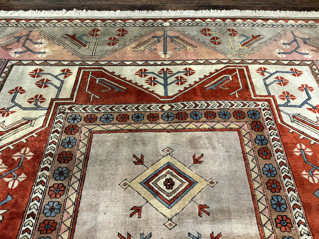Large Turkish Milas Rug 10x13, Gray, Vintage, Wool on Wool