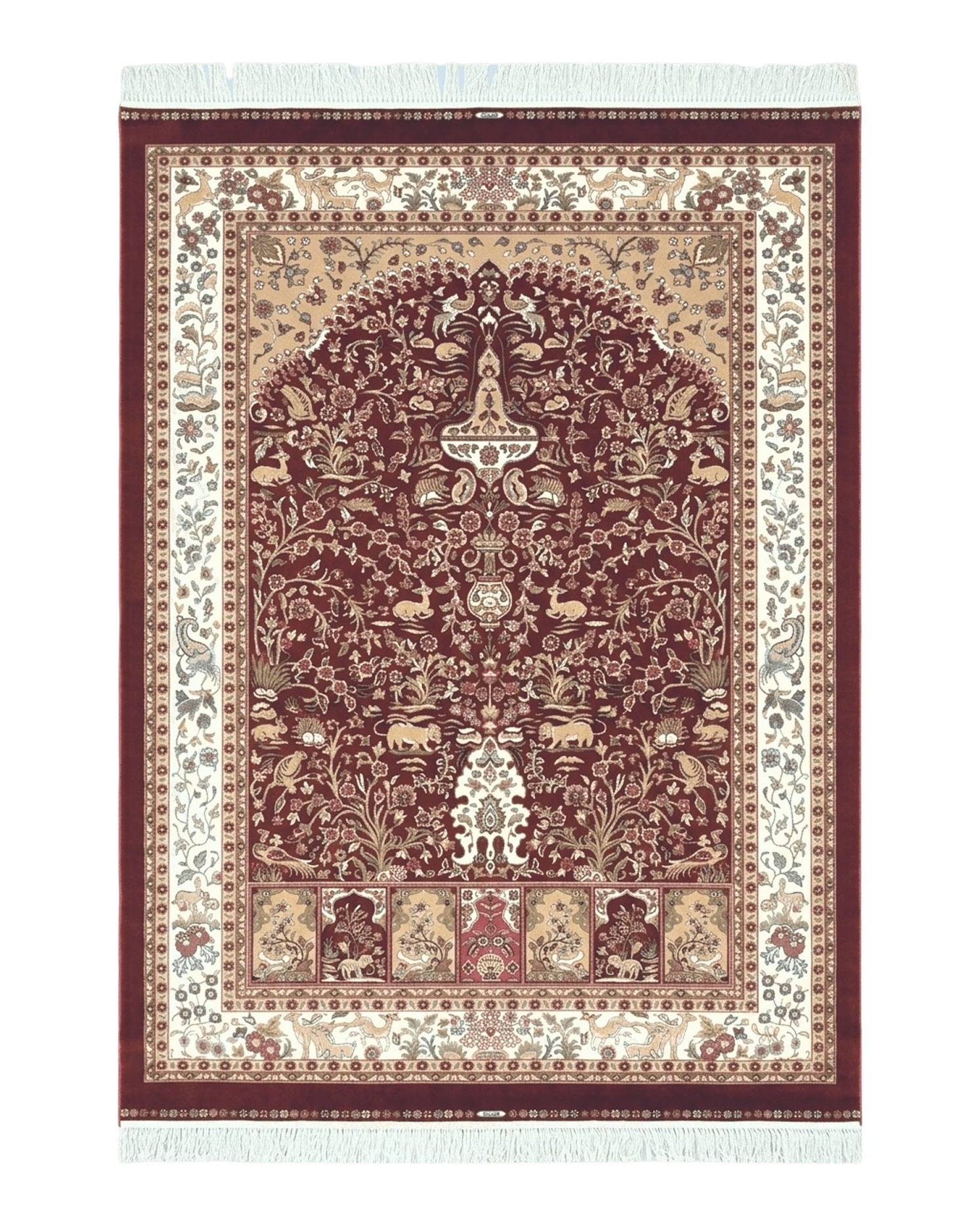 Silk Carpet 4x6 Dark Red & Cream, Tree of Life Rug, Animal Motifs, Birds Deer Rabbits, All Bamboo Silk, 4 x 6 Silk Area Rug