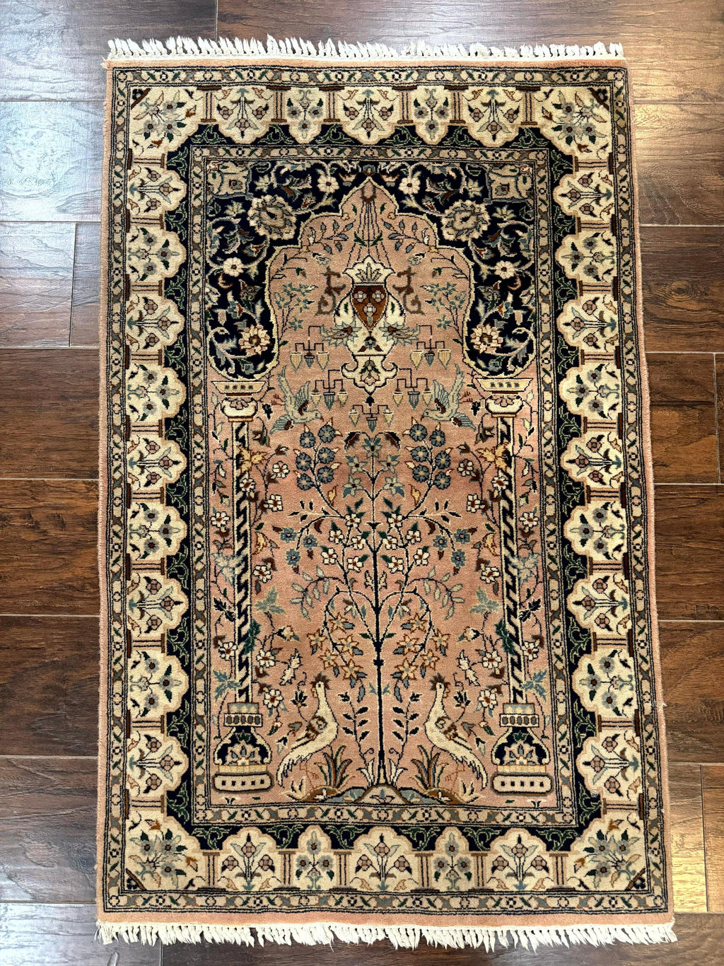 Small Tree of Life Prayer Rug, Pak Persian Rug 2.7 x 4, , Birds, Lantern, Handmade Vintage Fine 260 KPSI