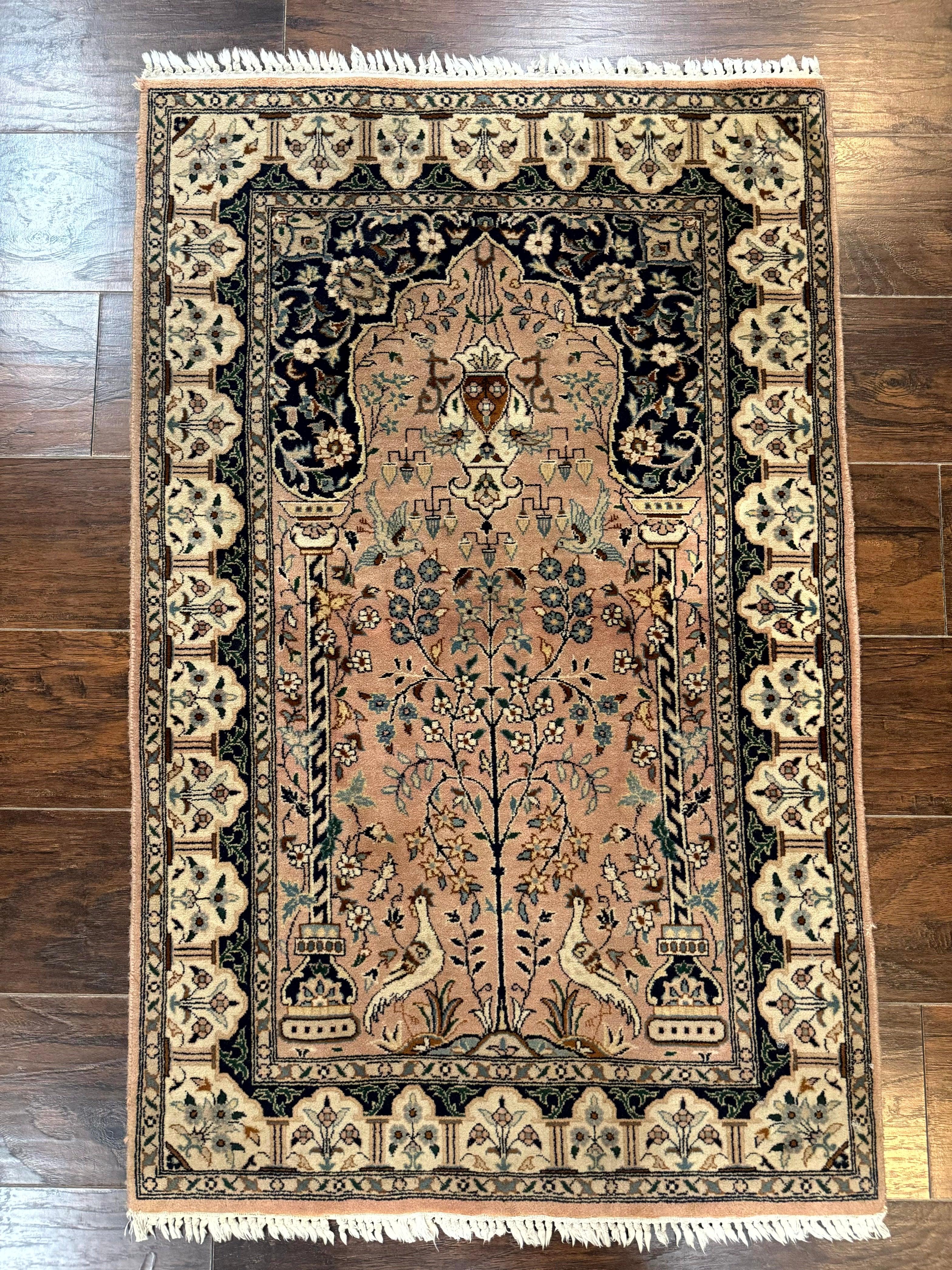 Small Tree of Life Prayer Rug, Pak Persian Rug 2.7 x 4, , Birds, Lantern, Handmade Vintage Fine 260 KPSI