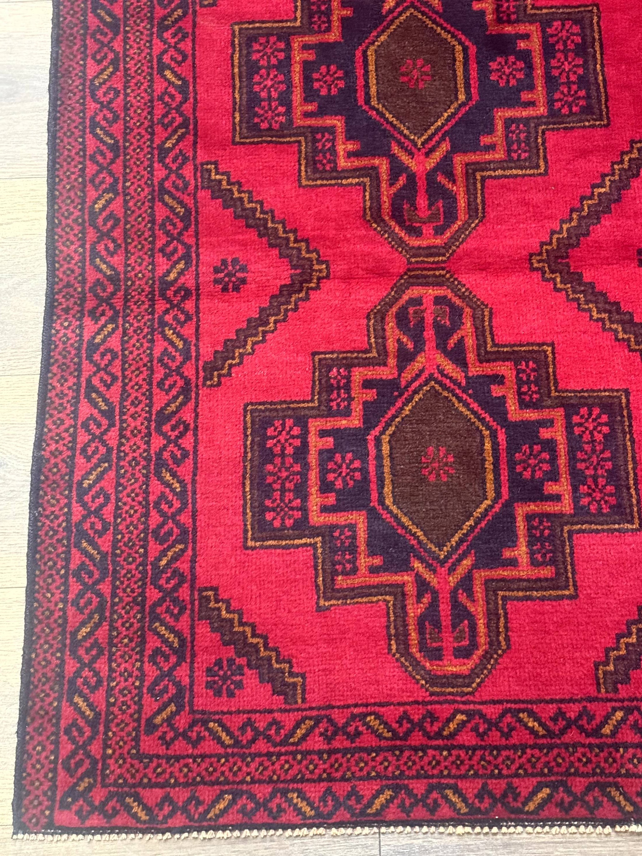 Afghan Rug 4x7, Tribal Carpet, Balouch Rug, Red and Navy Blue, Repeated Medallions, New