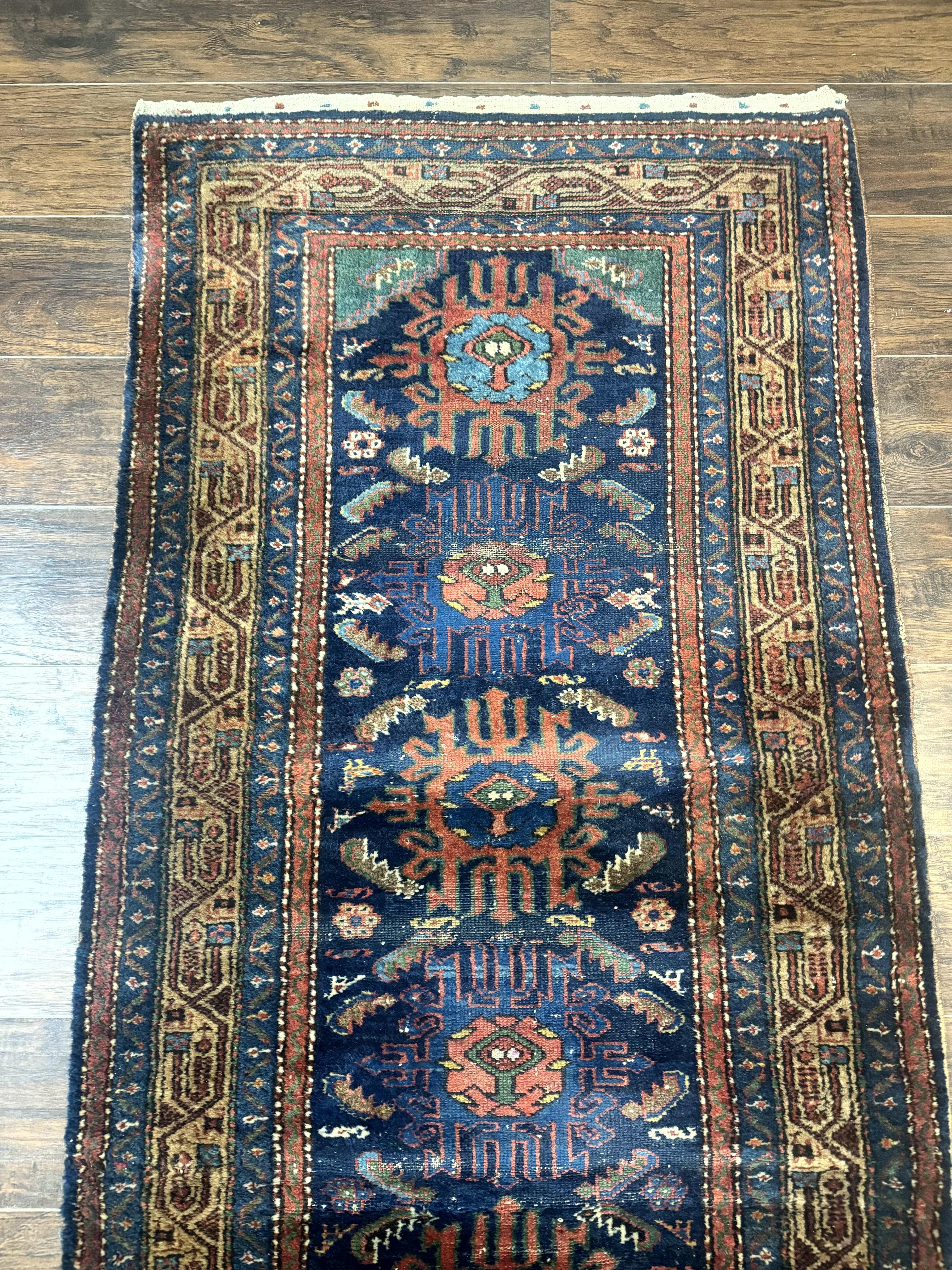 Antique Persian Sarab Runner 3x17, Blue Persian Runner Rug, Long Handmade Wool Carpet for Hallway, Rare, Tribal