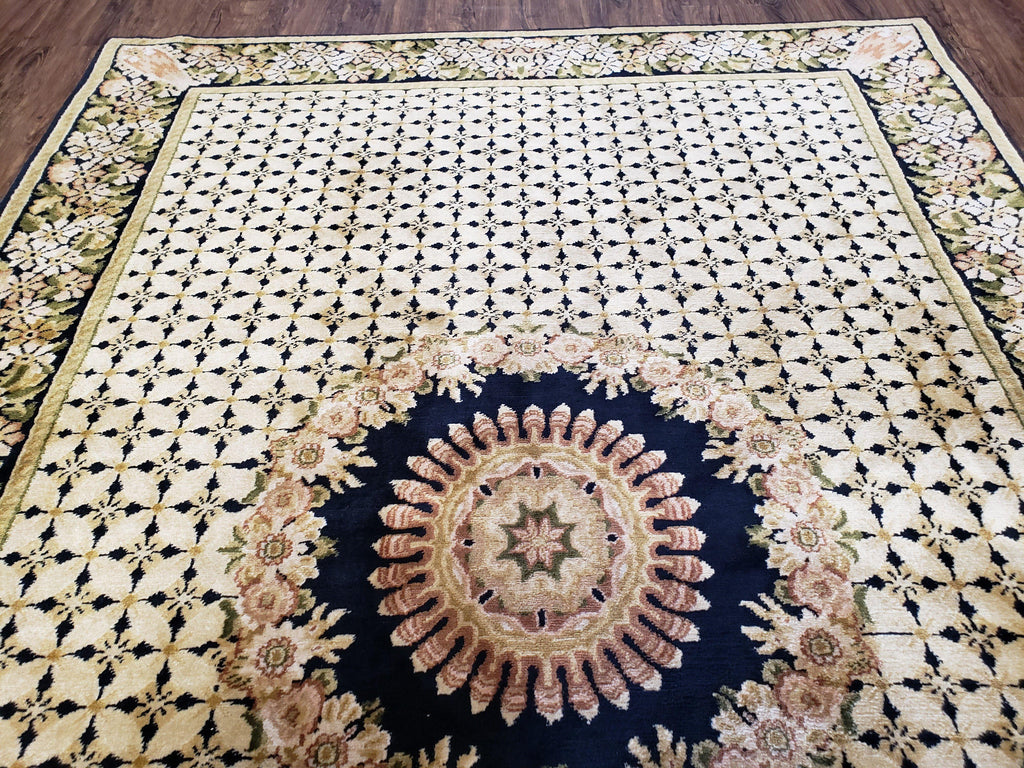 Indian Rug with Tibetan Weave, 6x8 - 6x9 Rugs, Indo-Tibetan Rug, Black and Cream Beige Tan, Floral Border, Soft Rug, Handmade Area Rug, Wool