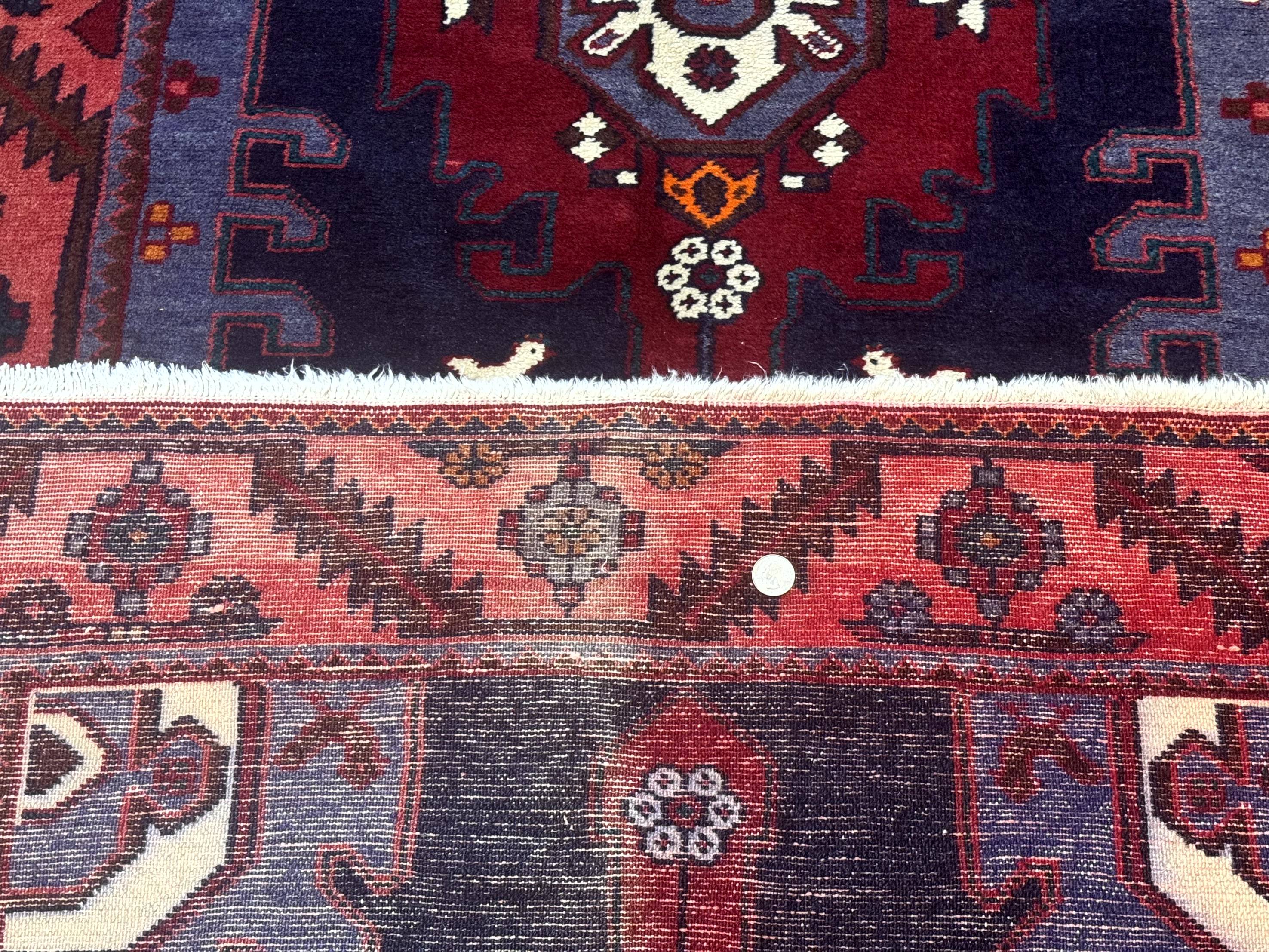 Persian Karajeh Runner Rug 3.6 x 9.5, Geometric Medallions, Tribal Village Rug, Navy Blue, Handmade