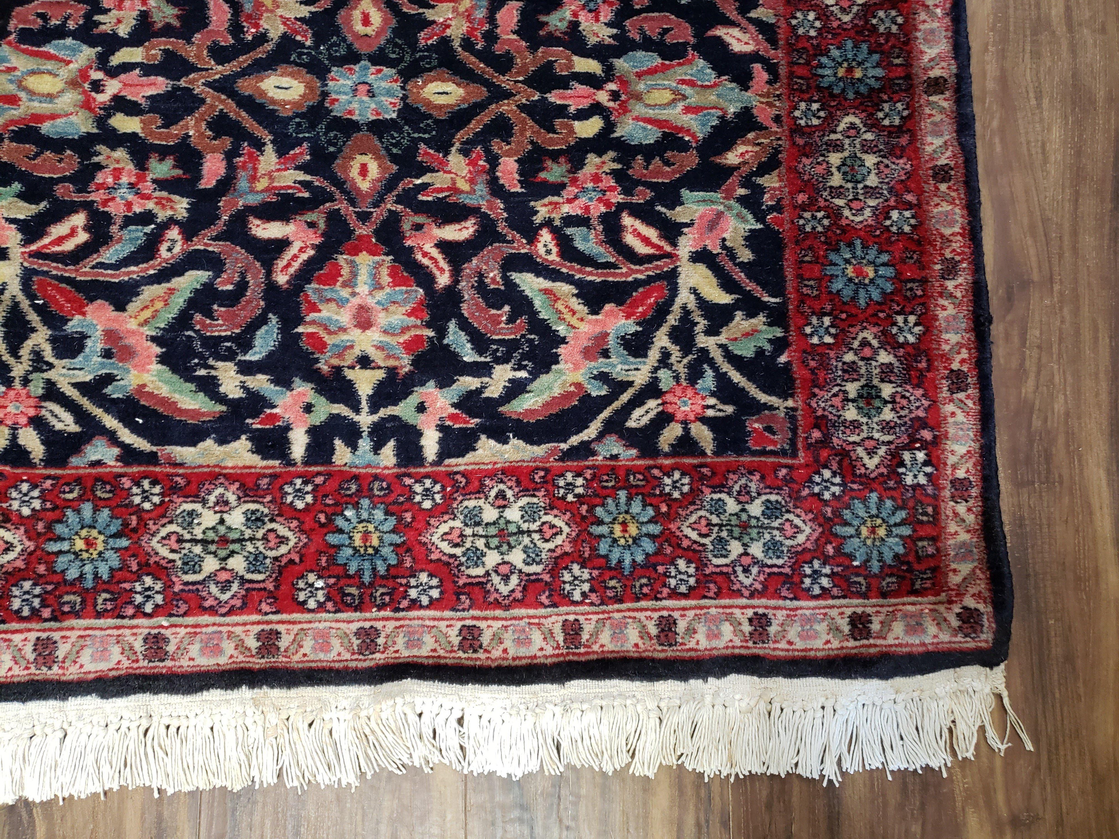 Antique Persian Sarouk Rug 3x5, Navy Blue, Allover Pattern, Hand Knotted