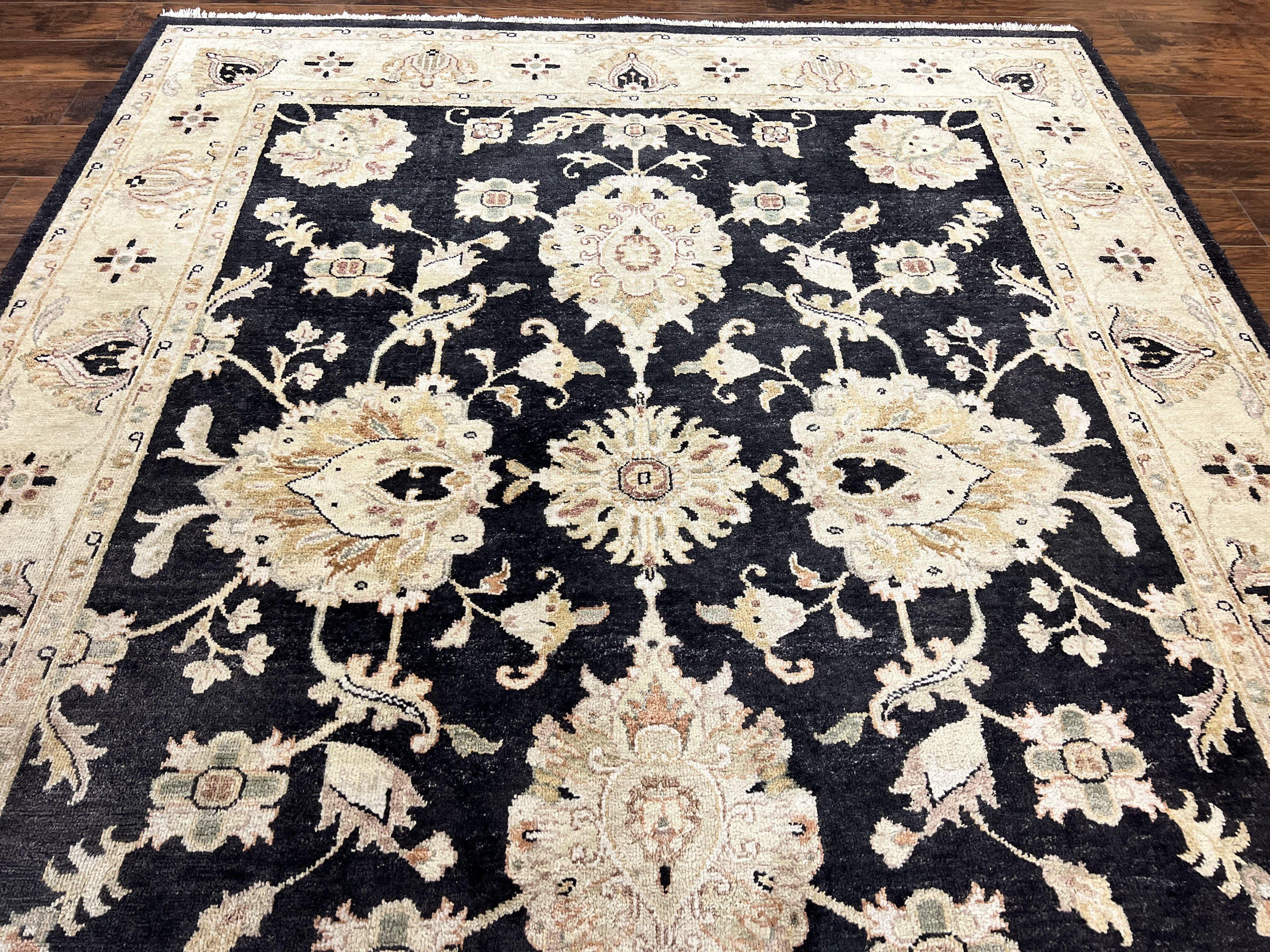 Indo Mahal Rug 8x10, Black and Beige, Vintage Rug 8 x 10 ft, Floral, Handmade Wool Carpet