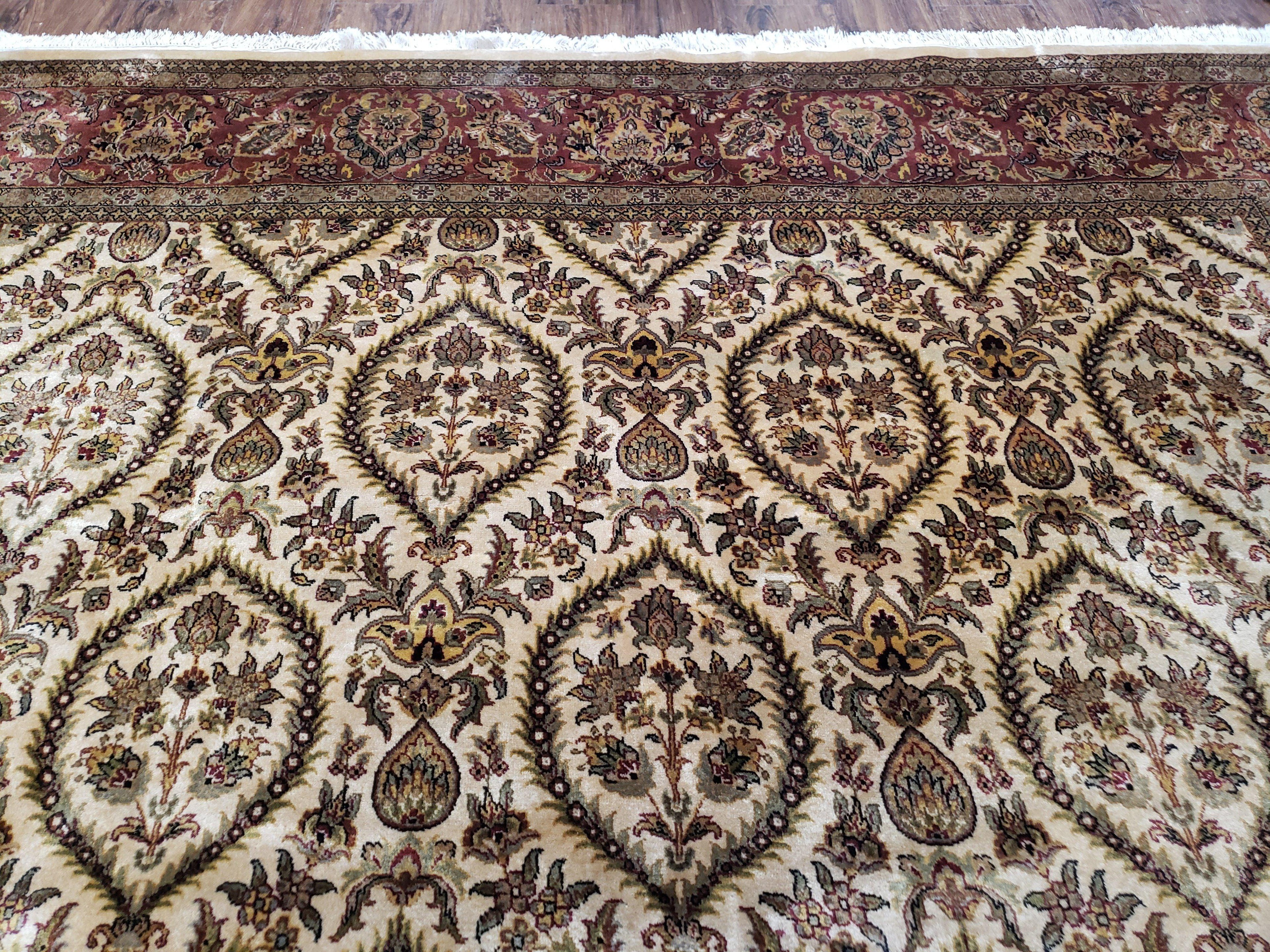 Vintage Indo Persian Area Rug 9x12, Wool Hand-Knotted Ivory & Dark Red Oriental Carpet, Fine Weave 9 x 12 Indian Rug, Dining Room Rug