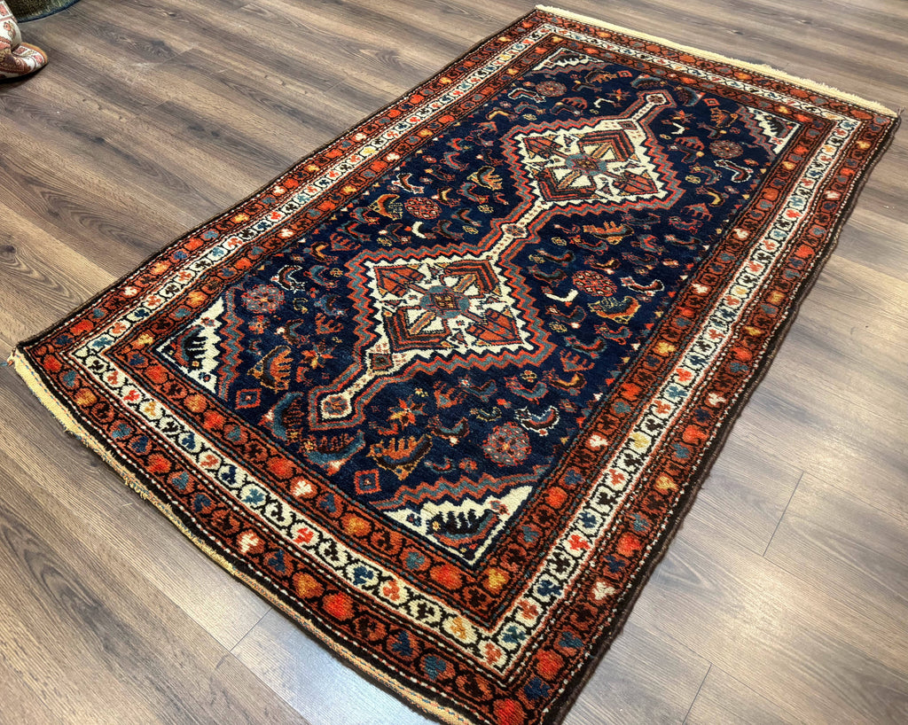 Antique Persian Hamadan Rug 4x6, Geometric, Double Medallions, Navy Blue, Tribal Carpet