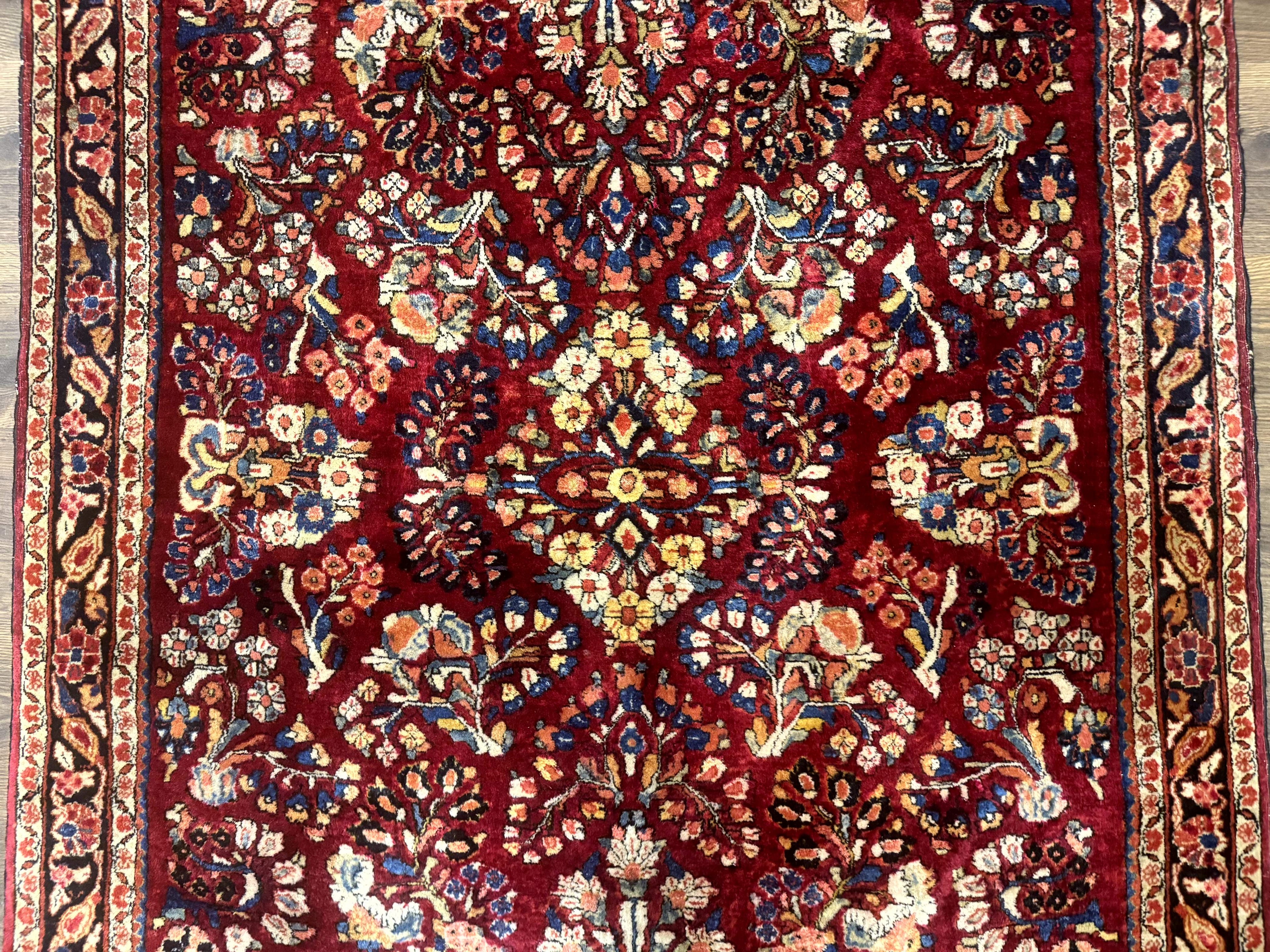 Antique Persian Sarouk Rug 4x6, Floral, Red, Wool Hand Knotted Fine 225 KPSI