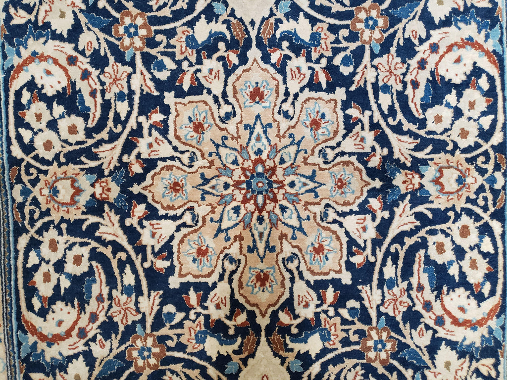 Persian Nain Rug 4x6, Ivory and Blue, Hand-Knotted, Wool & Silk