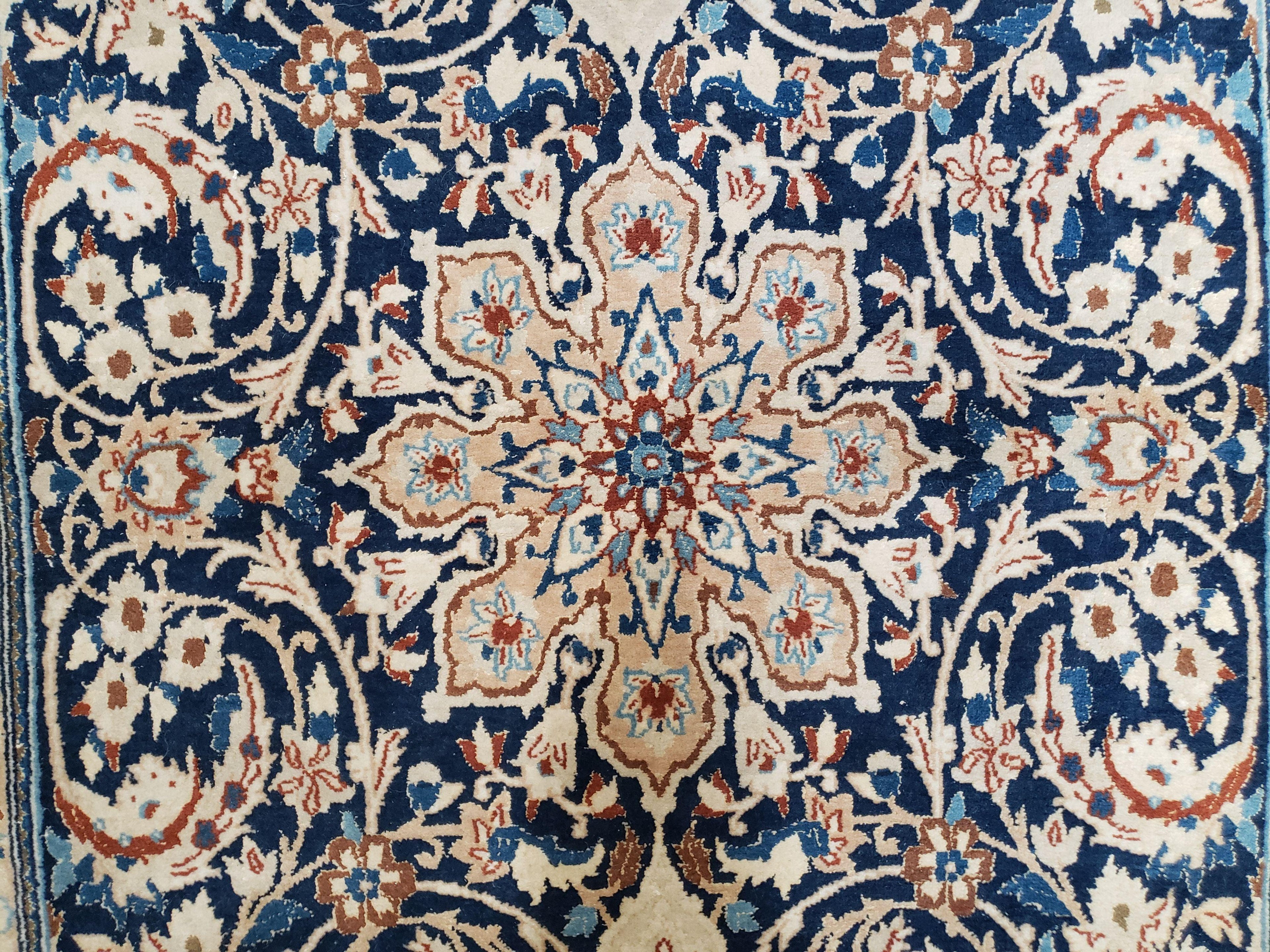Persian Nain Rug 4x6, Ivory and Blue, Hand-Knotted, Wool & Silk