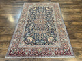 Persian Kashan Rug 4x7, Floral Medallion Vintage Handmade Hand Knotted Navy Blue & Red Wool Oriental Carpet, Highly Detailed Semi Antique Rug