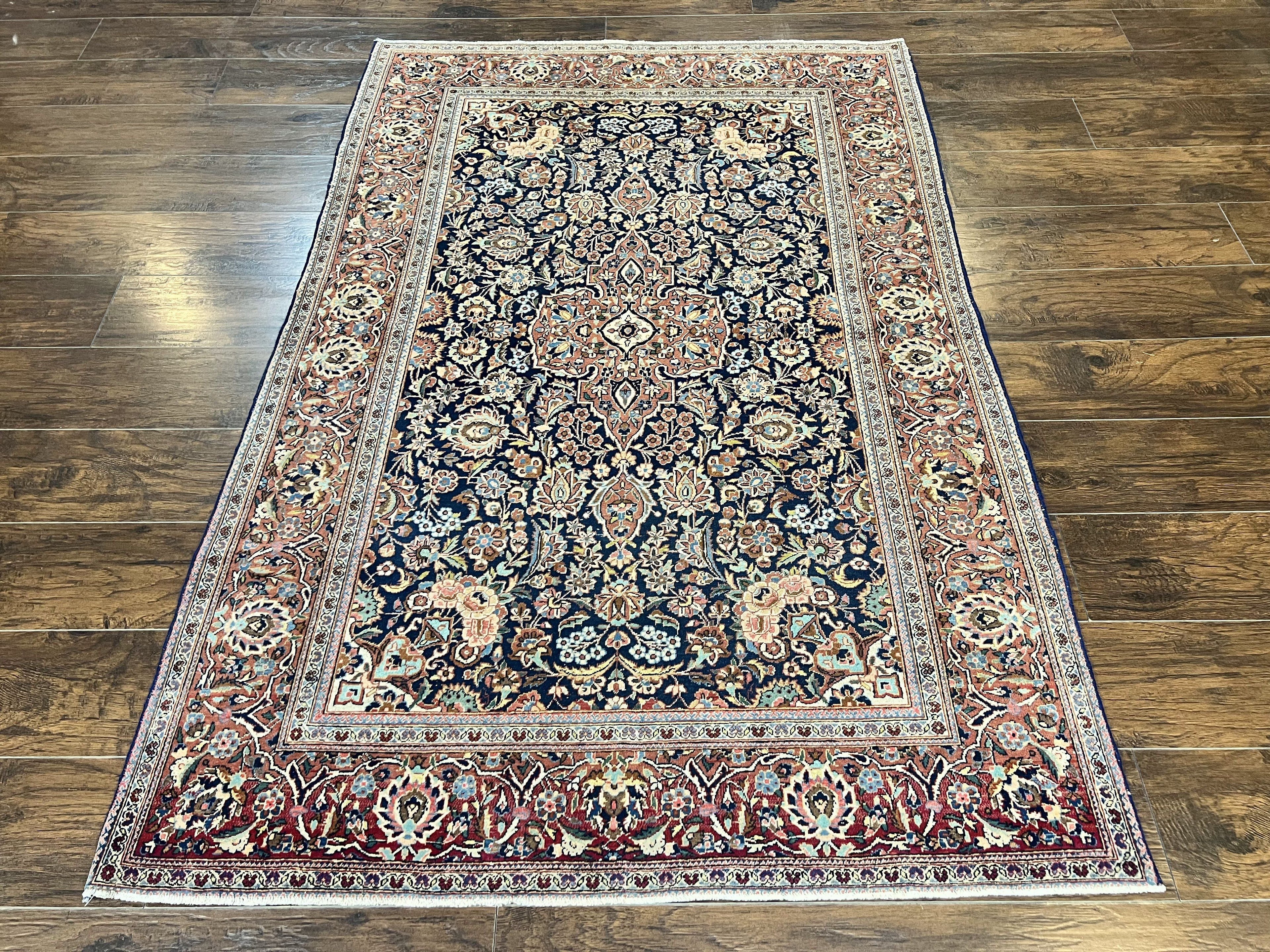 Persian Kashan Rug 4x7, Floral Medallion Vintage Handmade Hand Knotted Navy Blue & Red Wool Oriental Carpet, Highly Detailed Semi Antique Rug