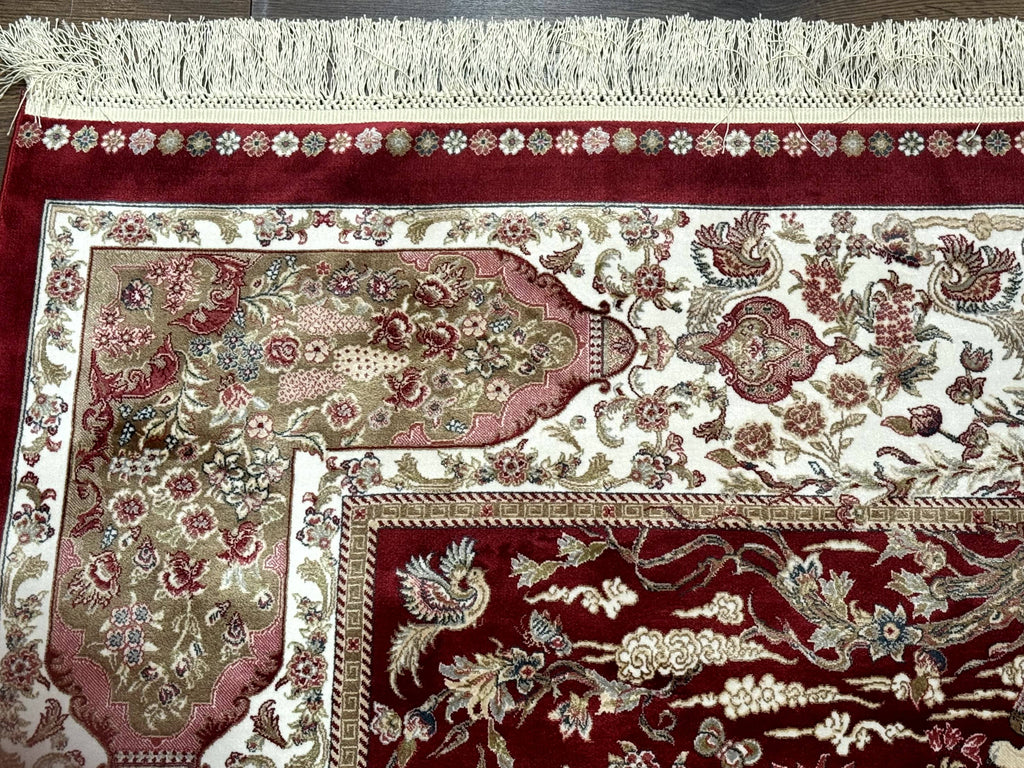 Turkish Silk Hunting Scene Rug 5 x 7.6, Red & Ivory, Bamboo Silk, New