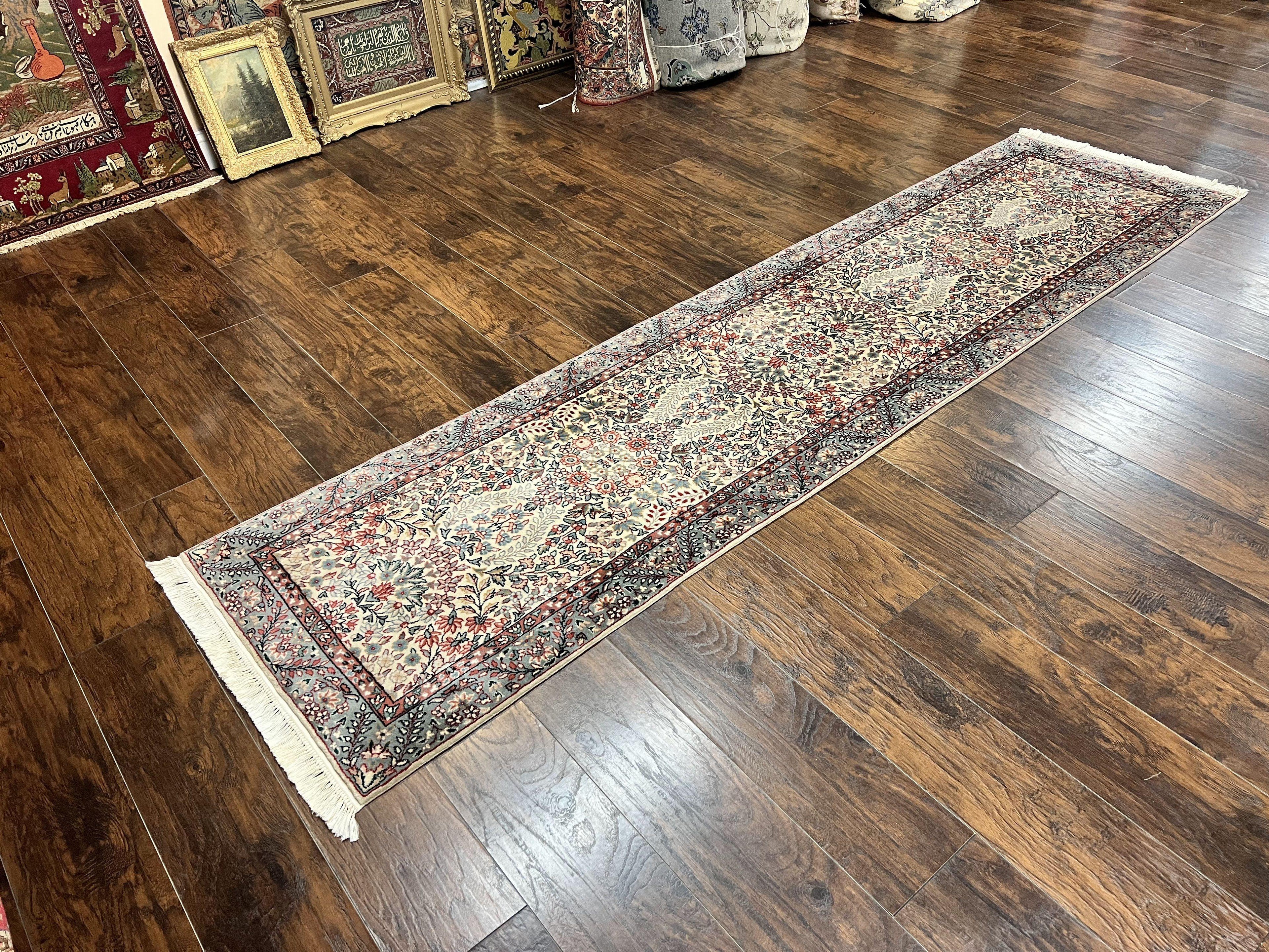 Sino Persian Runner Rug 2.7 x 10, Floral Kirman Lavar Carpet for Hallway, Cream, Handmade Wool Vintage Rug