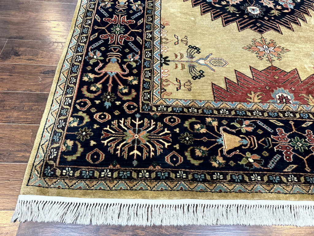 Indo Persian Heriz Rug 8x12, Camel Hair Tan and Navy Blue, Decorative