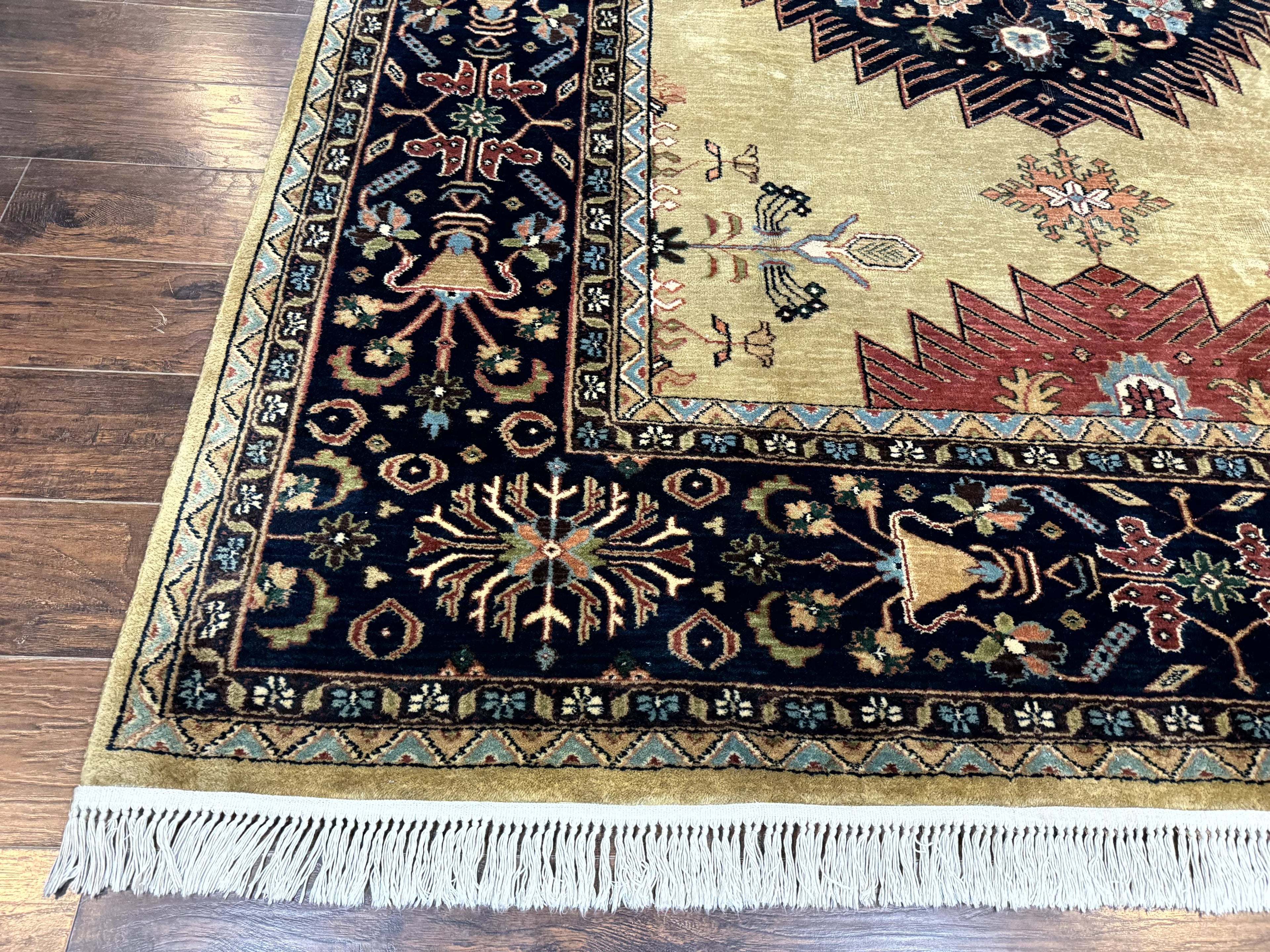 Indo Persian Heriz Rug 8x12, Camel Hair Tan and Navy Blue, Decorative