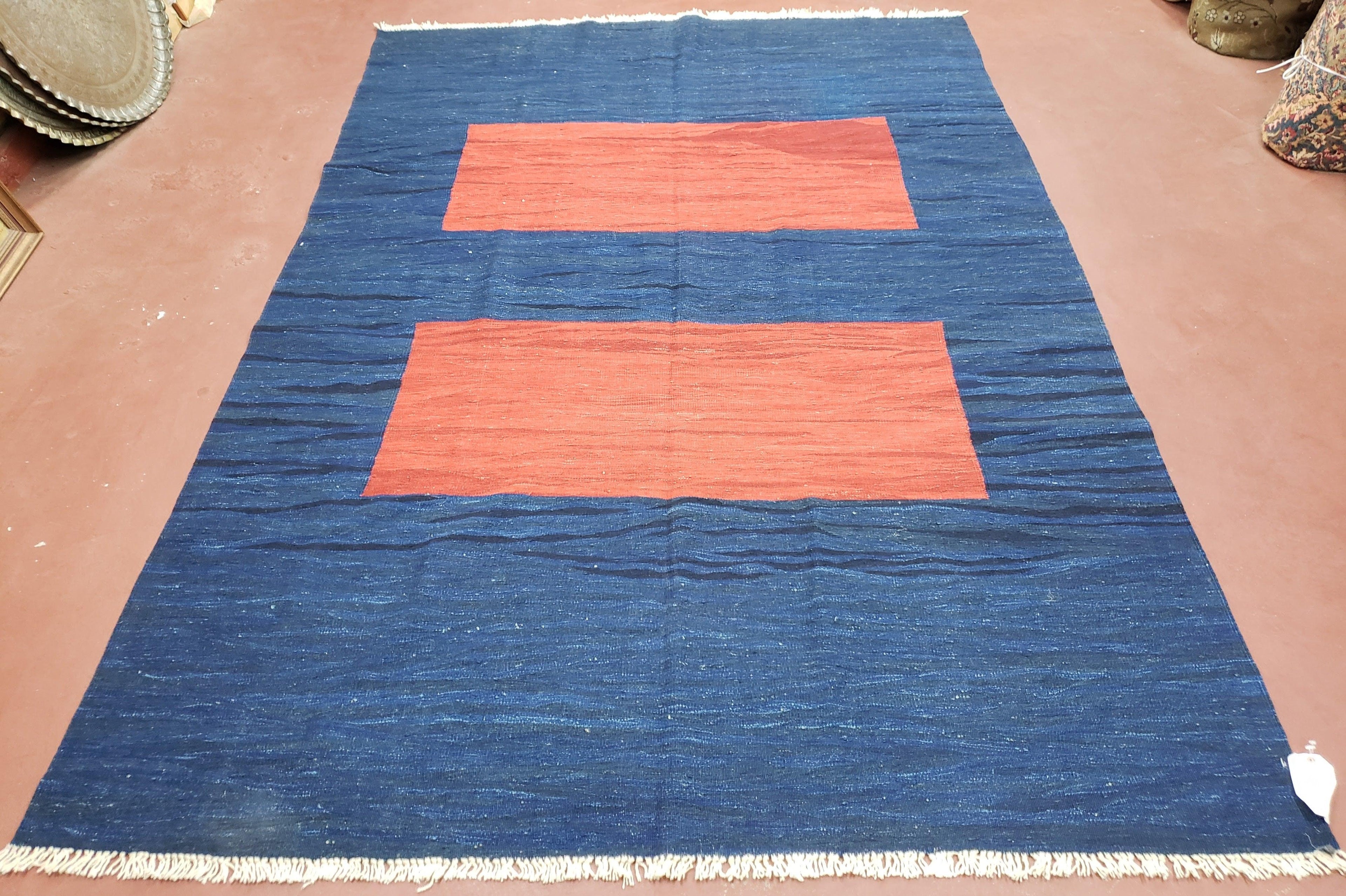 Blue and Red Turkish Kilim Rug, New 6x9 - 7x10 Flatweave Area Rugs, Hand Woven, Wool Handmade Oriental Kilim Abstract Modern Boho, Minimal