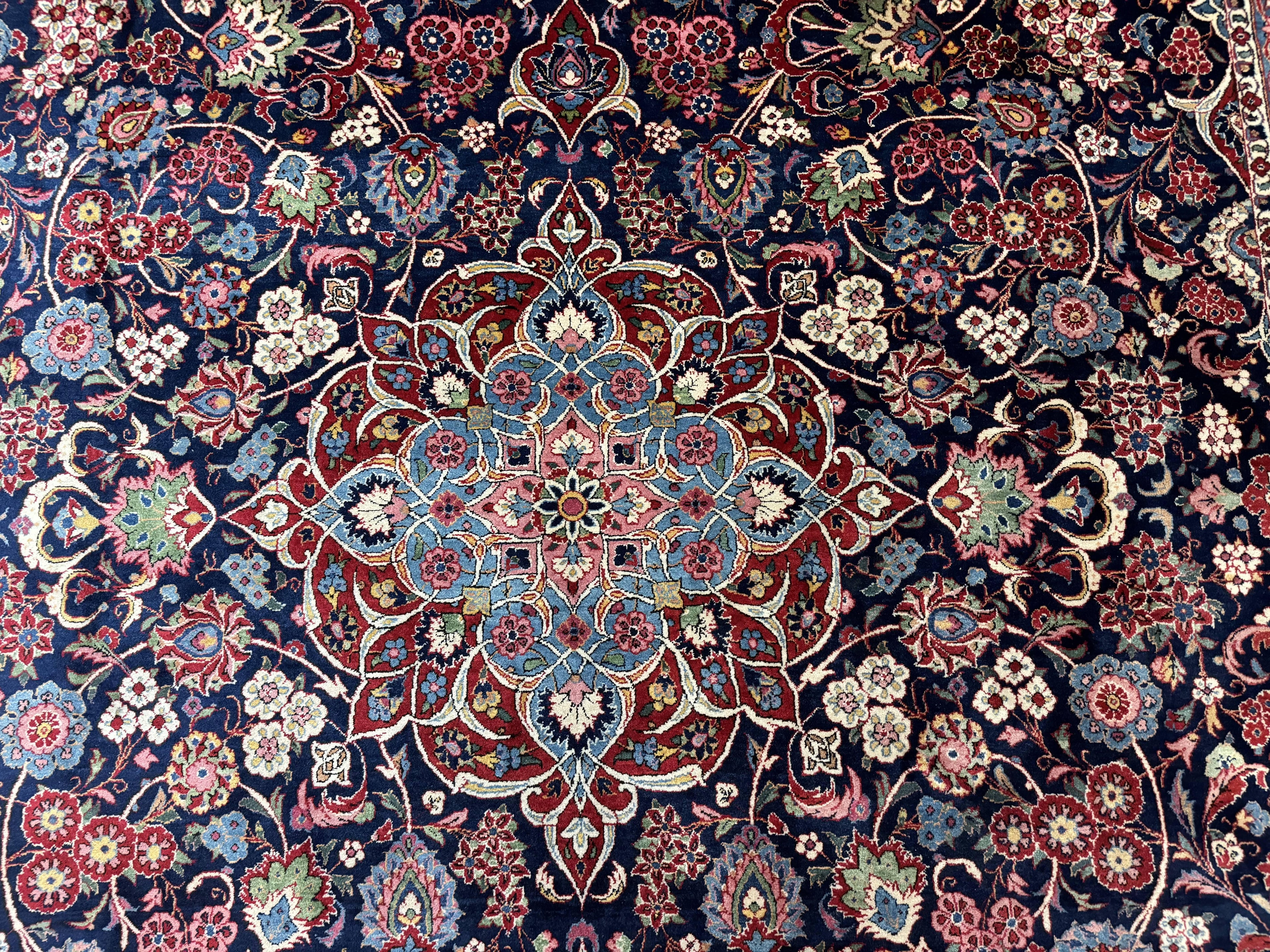 Navy Blue Persian Rug 9x12, Antique Persian Carpet, Kork Wool, 200 KPSI, Persian Kashan Rug