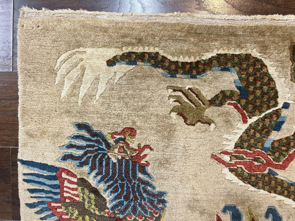 Antique Chinese Peking Rug 3 x 5.6, Dragon Motifs, Handmade Wool Asian Oriental Carpet