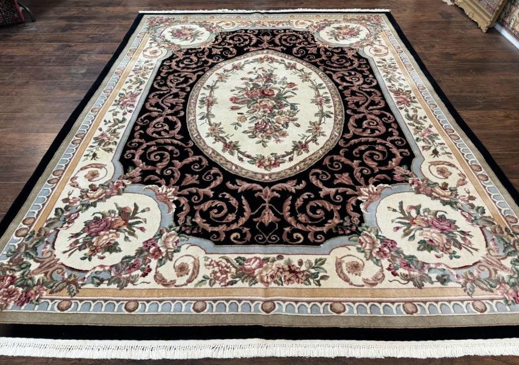 Aubusson Rug 8x10, Floral, Wool Pile, Elegant, European Design, Handmade, Fine