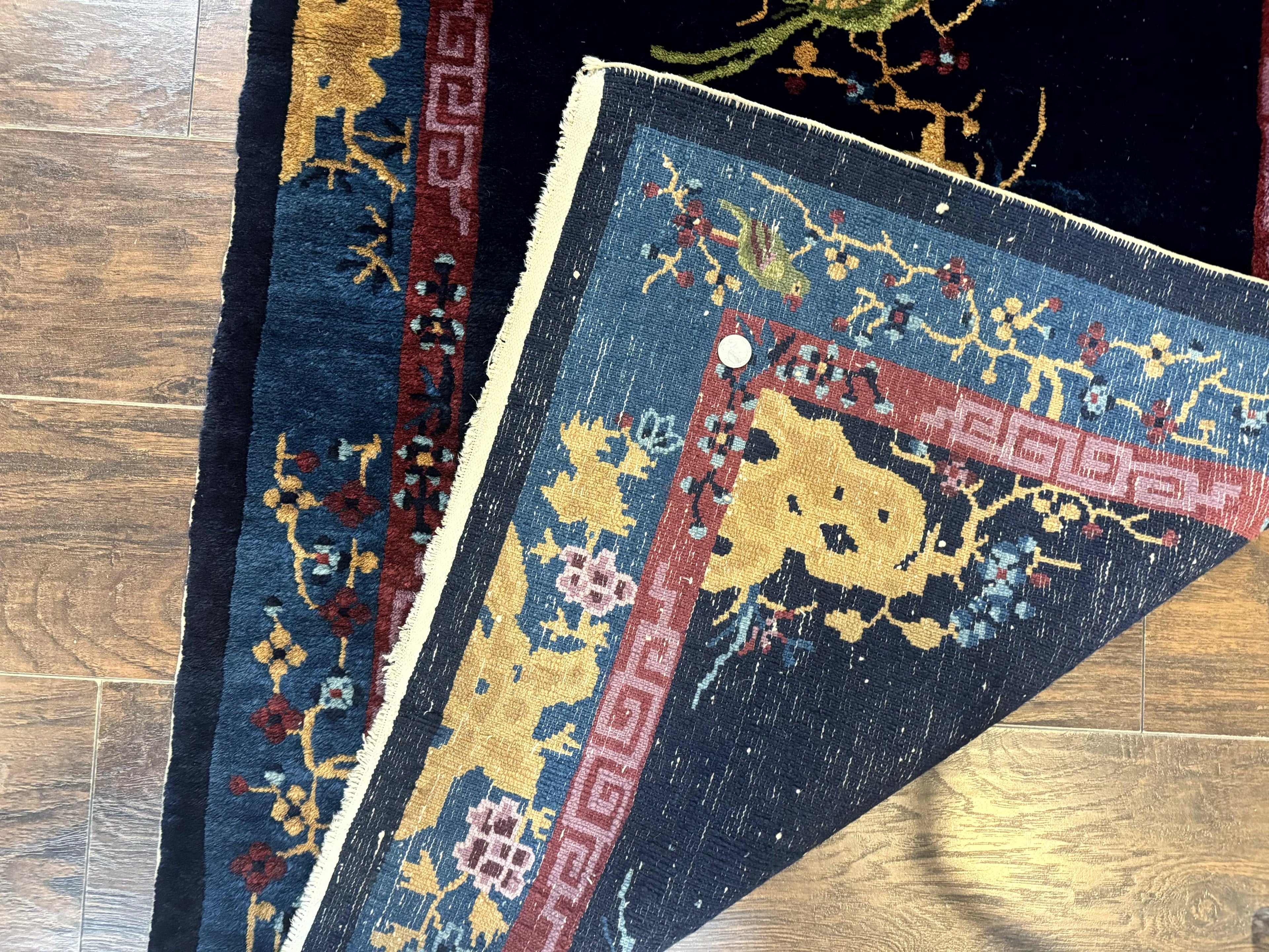 Antique Chinese Peking Rug 3x6, Dark Blue, Bird Motif, Handmade Wool Art Deco Asian Oriental Carpet, Pair A