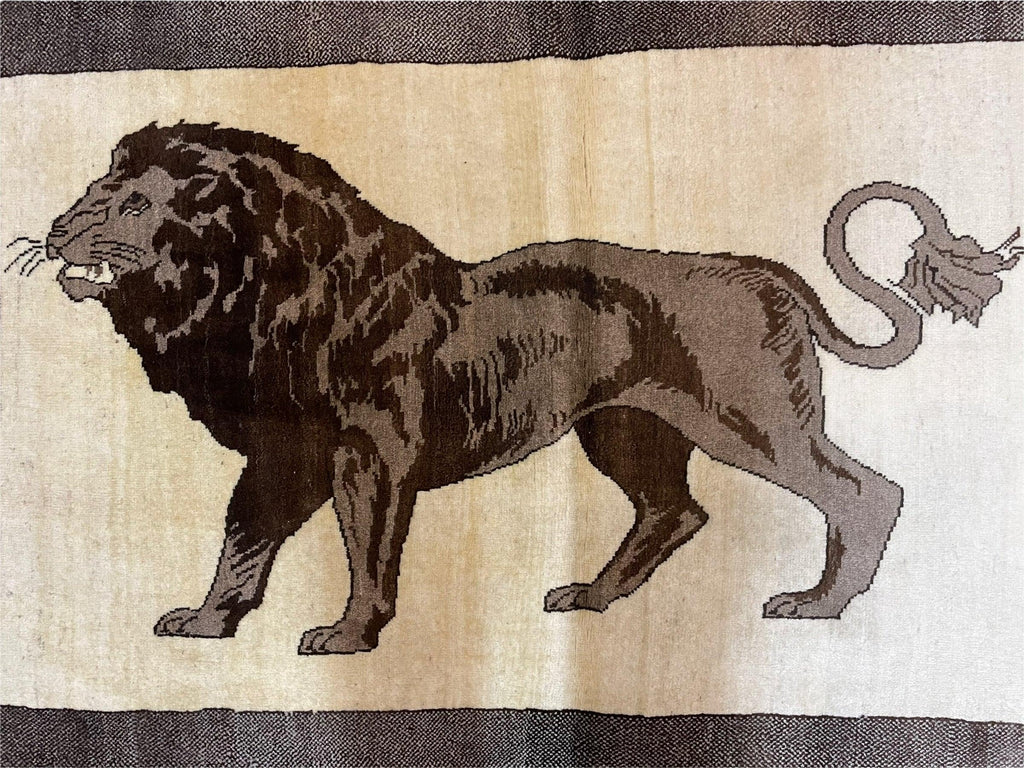 3 x 5 Handmade Rug Brown Beige Hand-Knotted Lion Rug New Vintage Quality Animal