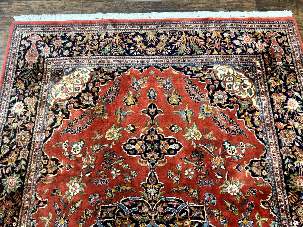 Indo Persian Rug 7x10, Vintage Handmade Wool Carpet, Floral Medallion Traditional Rug, Red and Midnight Blue