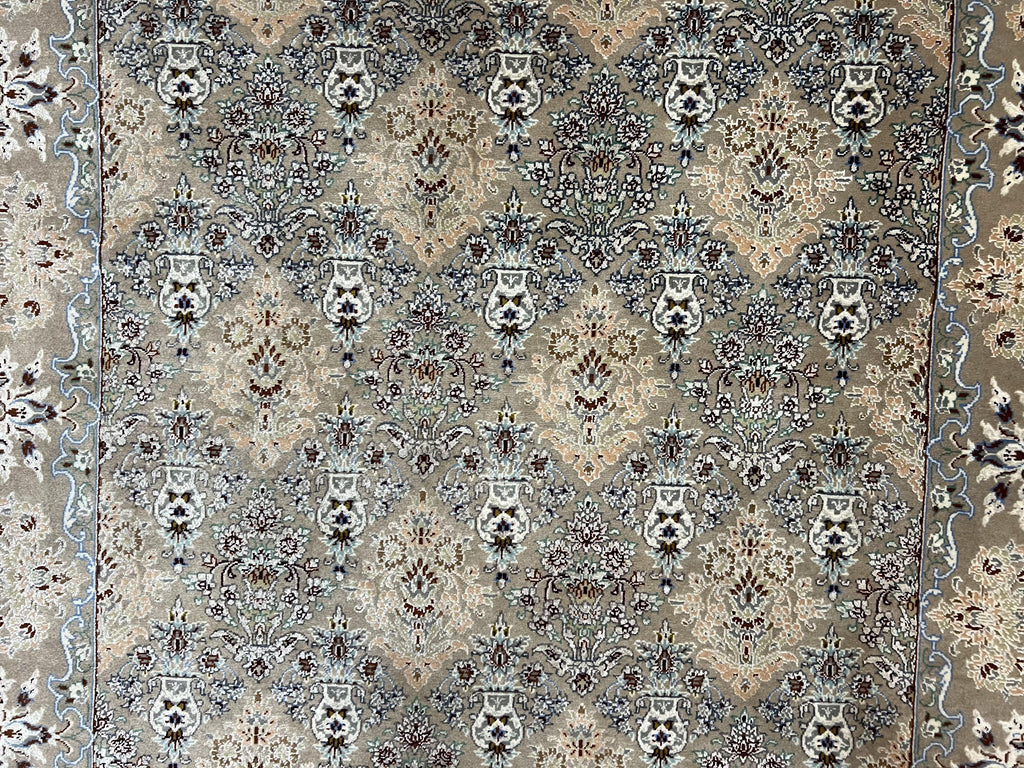 Super Fine Persian Isfahan Rug 3x5 ft, Kork Wool on Silk Foundation, Repeated Floral Motif, Taupe Tan Hand Knotted Oriental Carpet 3 x 5 ft, Signed
