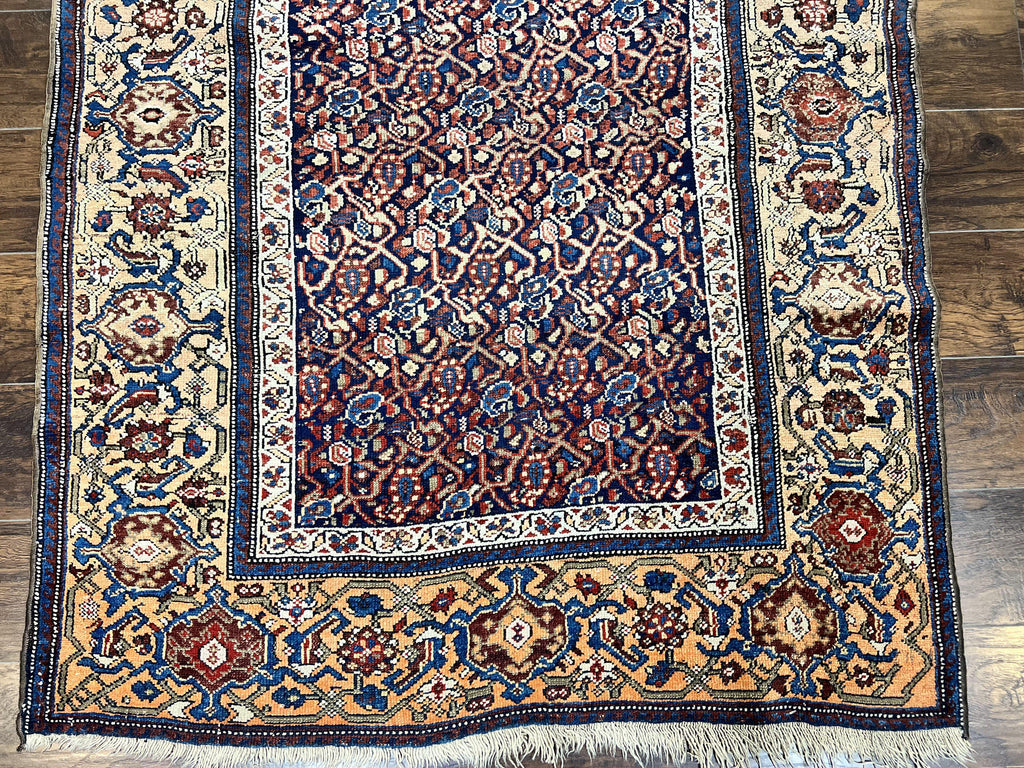 Persian Senneh Rug 4x8, Wool Hand Knotted Antique Kurdish Carpet, Navy Blue Oriental Area Rug, 4 x 8 Rug