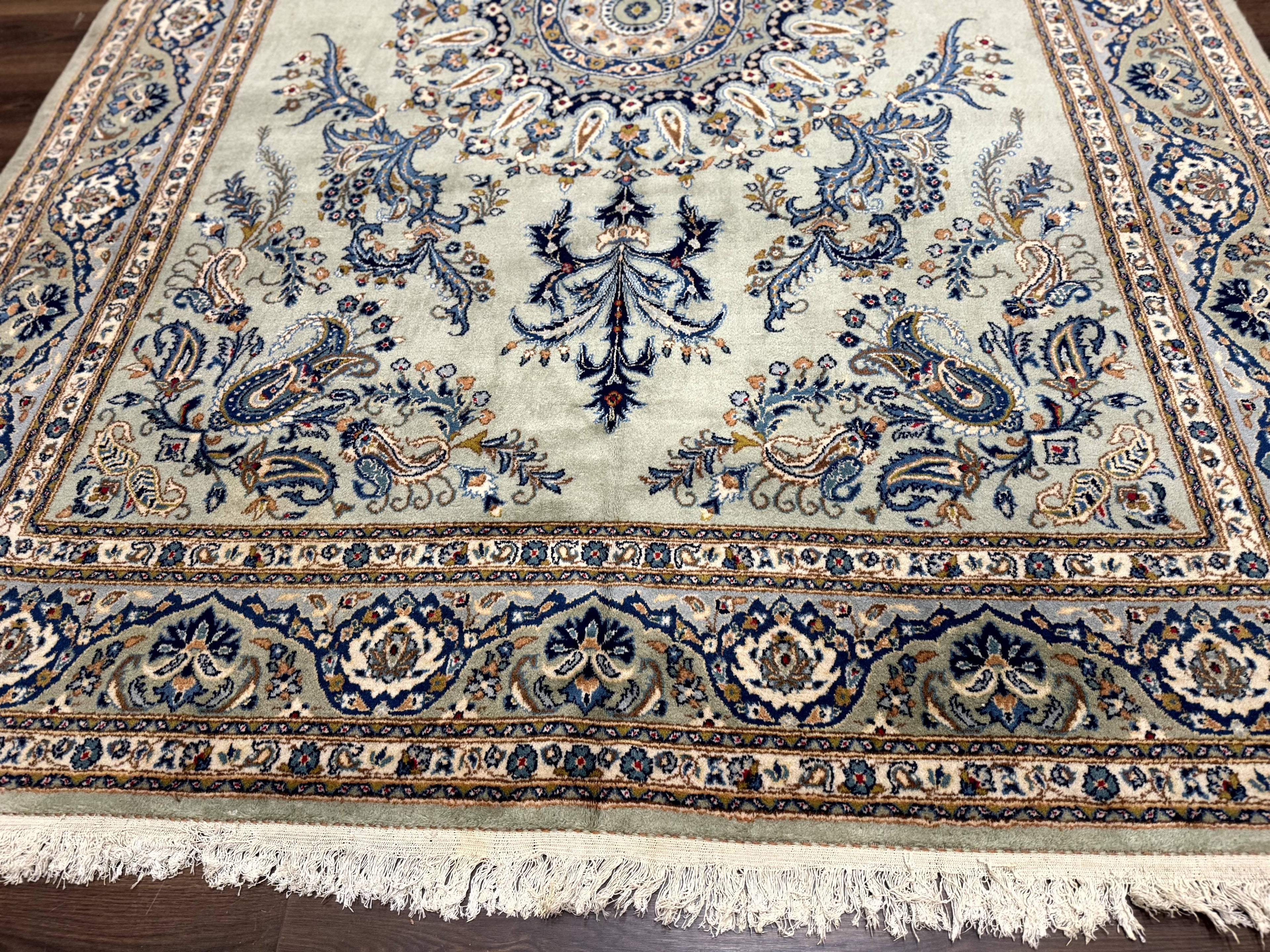 Light Green and Blue Persian Kashan Rug 7x10, Authentic Persian Carpet, Handmade, Wool