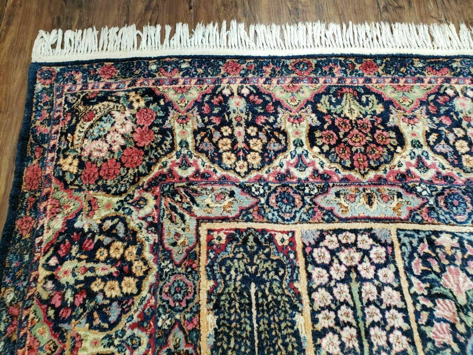 Persian Rug 10x15, Authentic Oriental Carpet 10 x 15, Wool Area Rug Panel Design Hand-Knotted Vintage Kirman Yazd Rug, Dark Blue and Beige,  Floral