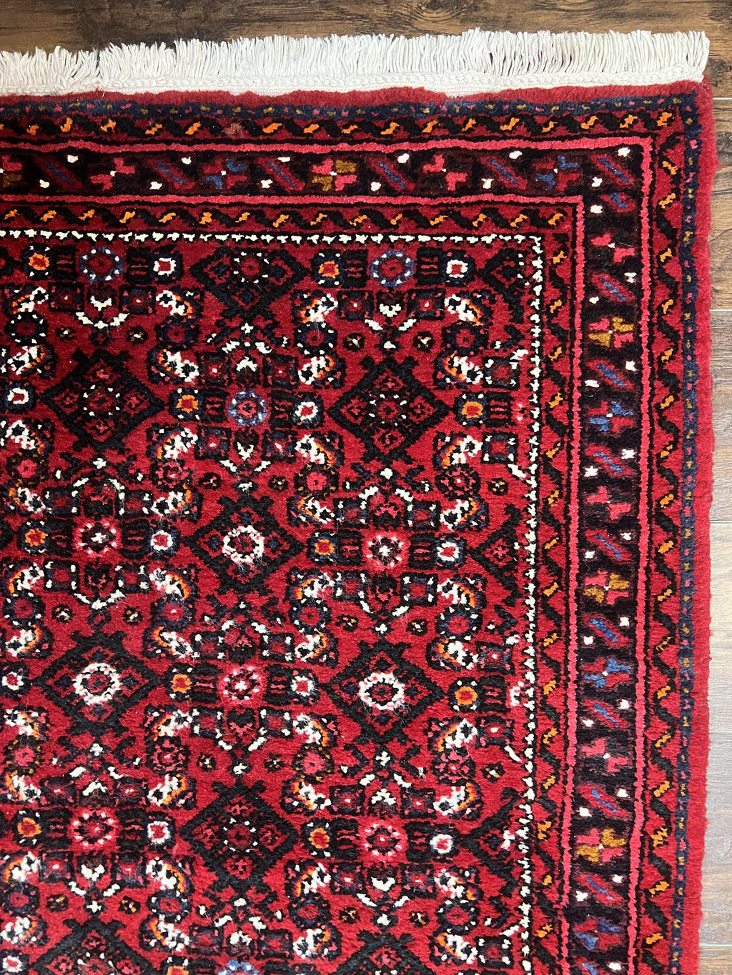 Persian Runner Rug 3 x 16, Wool Handmade Long Antique Hamadan Oriental Rug for Hallway, Red Tribal Rug, Allover Pattern, 3x16 Runner Rug
