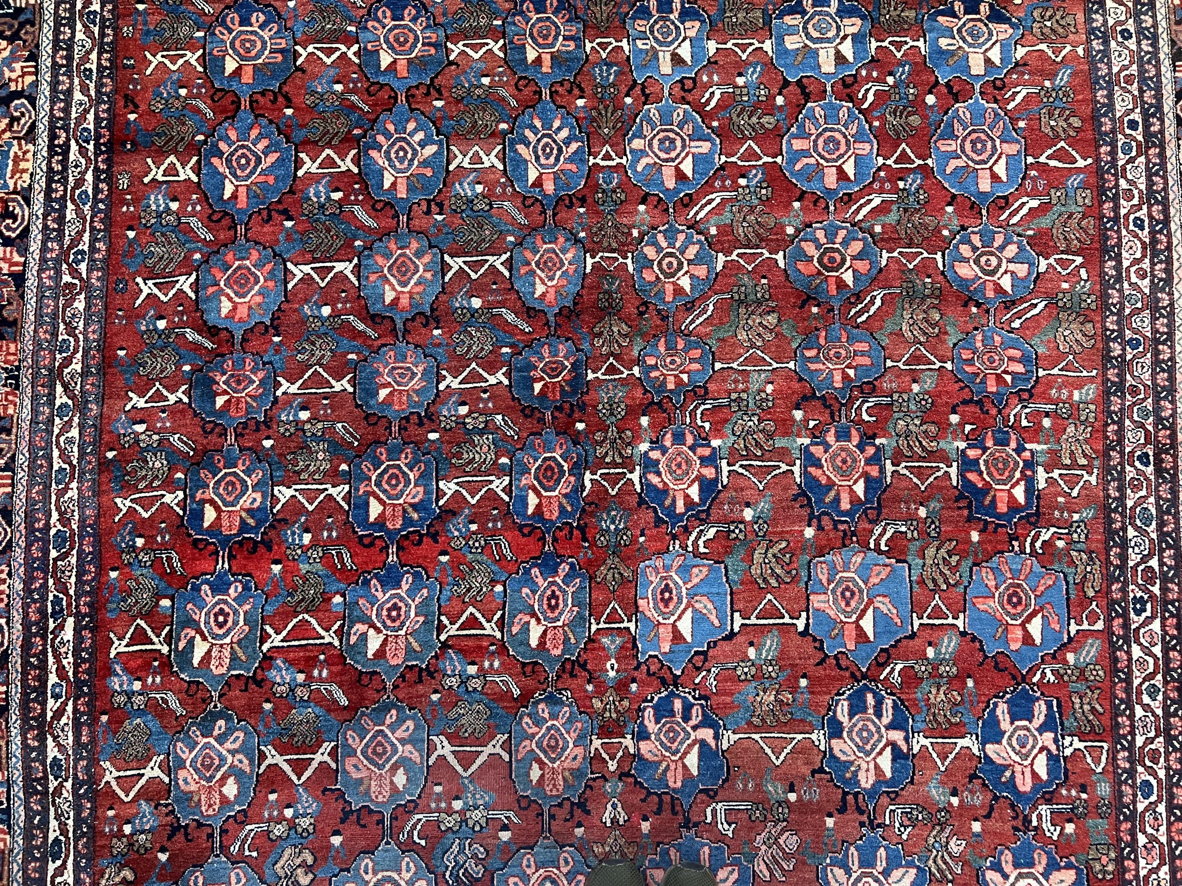 Antique Persian Bijar Rug 9x12 - Allover Motif, Red & Blue
