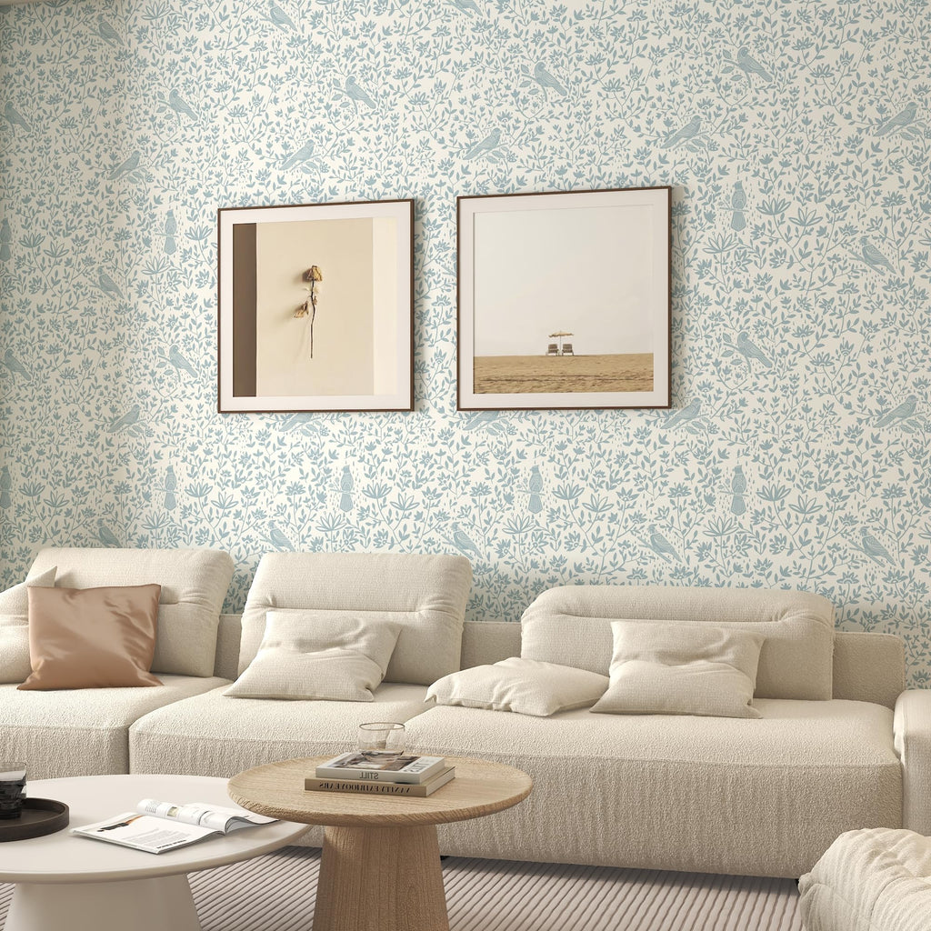 HELLKIT Peel Stick Wallpaper Blue Beige Bird 17.3x78.8in Vinyl Roll