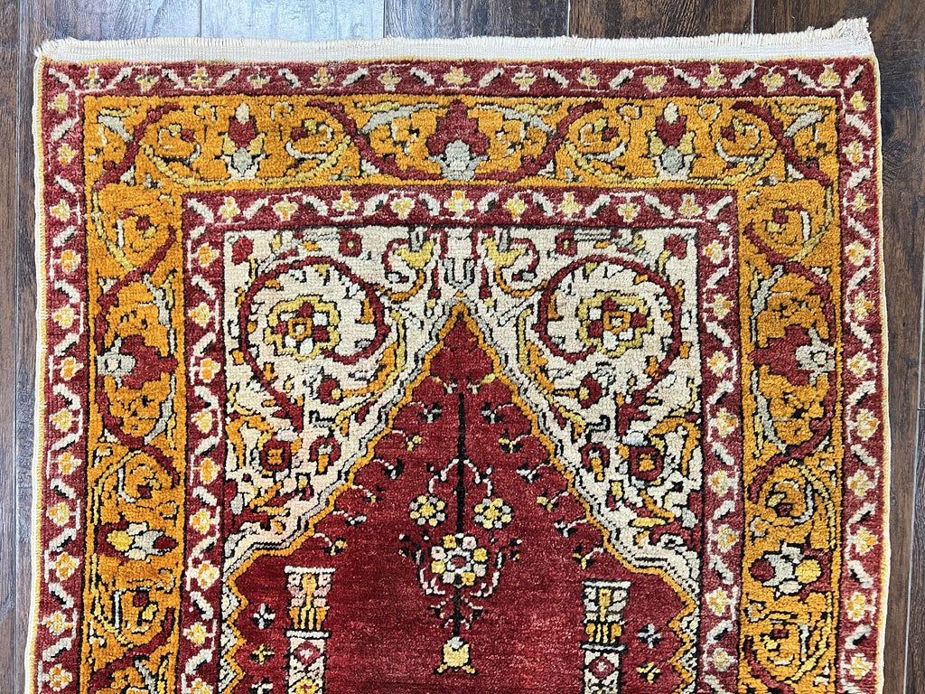 Antique Turkish Prayer Rug 3x5, Hand Knotted Turkish Melas Oushak Wool Carpet, Mehrab Rug, Orange & Red Vintage Rug 3 x 5 Collectible