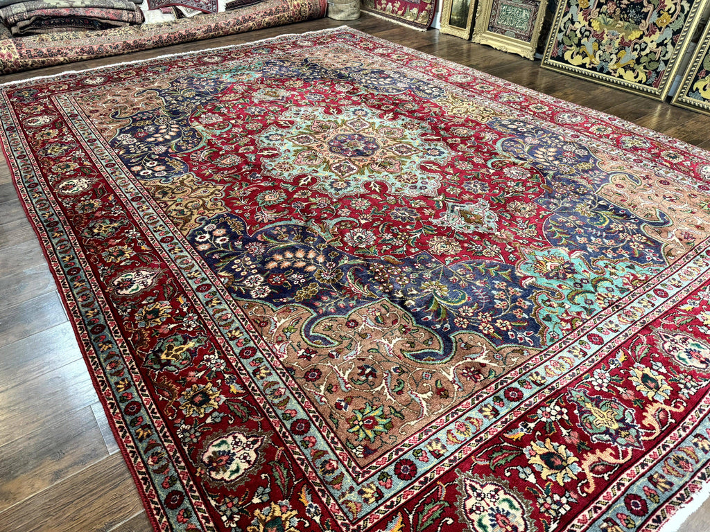 Wonderful Persian Tabriz Rug 10x14, Antique Persian Carpet, Handmade Wool Rug, Floral Medallion, Red Navy Blue, Colorful, Large Persian Area Rug