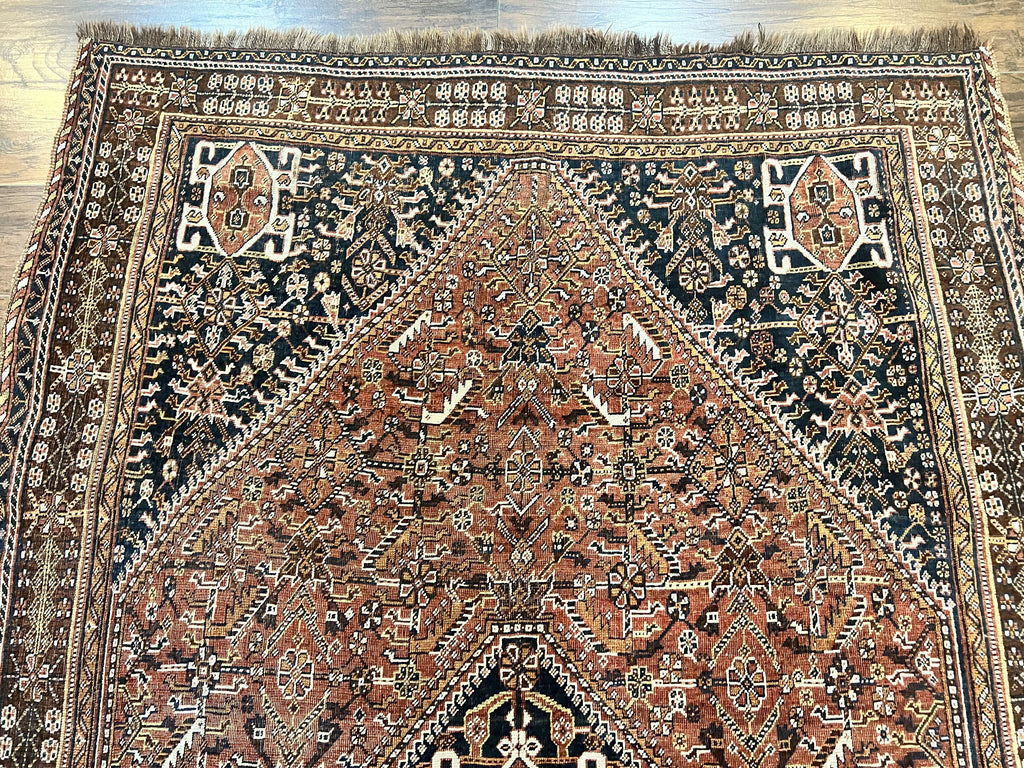 Antique Persian Shiraz Tribal Rug 6x8, Geometric Rug, Wool Handmade Hand Knotted Carpet, Red Blue