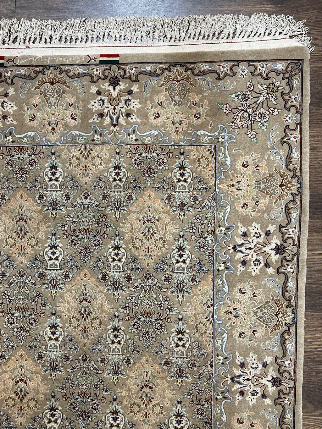 Super Fine Persian Isfahan Rug 3x5 ft, Kork Wool on Silk Foundation, Repeated Floral Motif, Taupe Tan Hand Knotted Oriental Carpet 3 x 5 ft, Signed