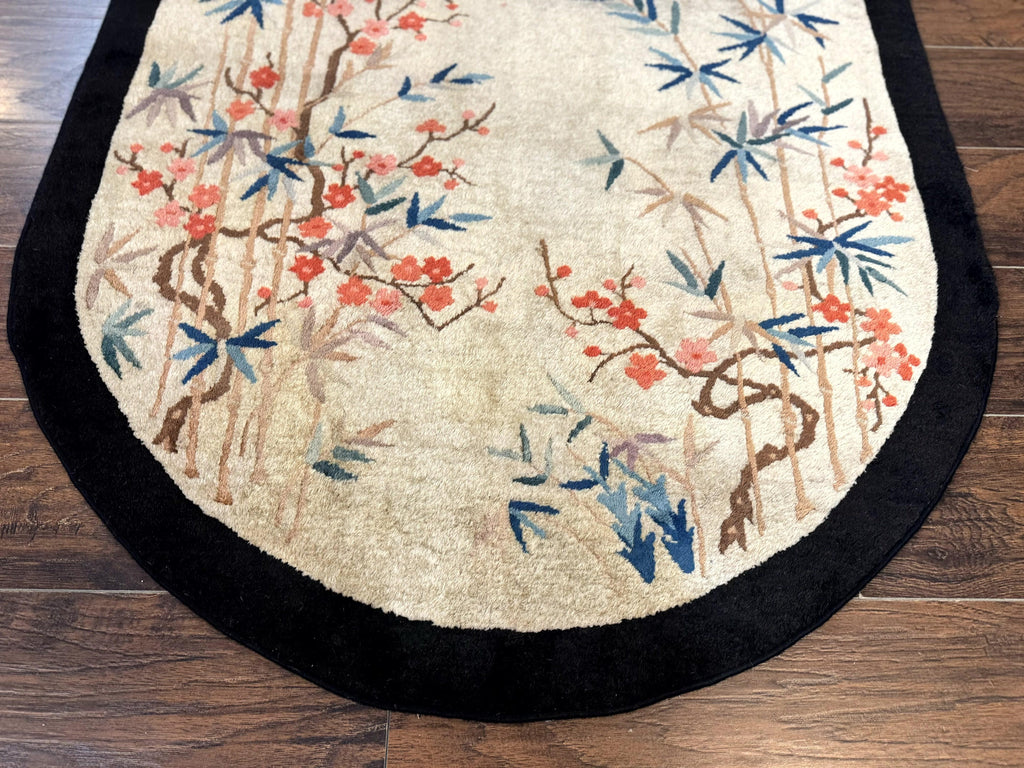 Antique Chinese Oval Rug 3.9 x 6.7, Floral, Butterflies, Chinese Wool Art Deco Peking Carpet, Beige, Handmade