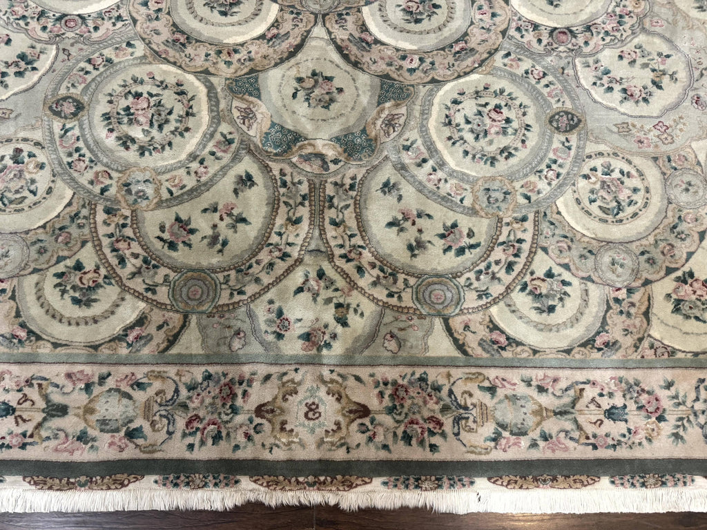 Pak Persian Rug 9x12, Wool with Silk Highlights, European Design, Floral, Green