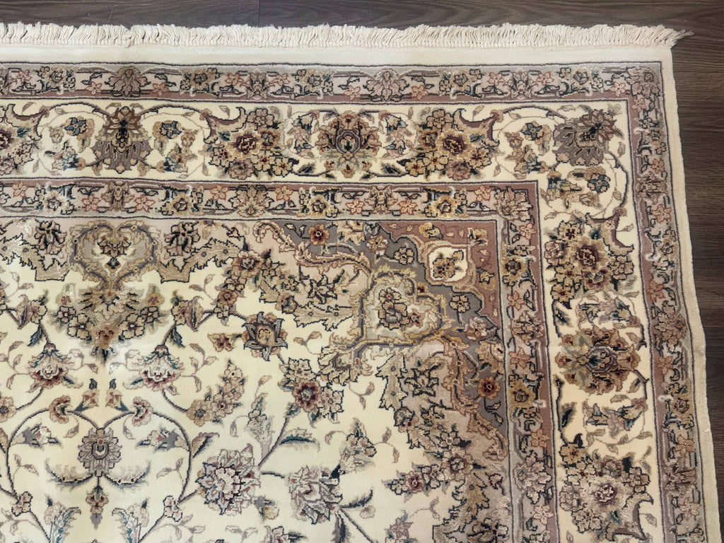 Sino Persian Rug 6x9, Floral Medallion, Ivory & Taupe, Wool with Silk Highlights, Fine 210 KPSI