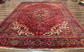 Persian Heriz Rug 7x10, Red and Navy, Geometric Medallion, Vintage Wool Carpet